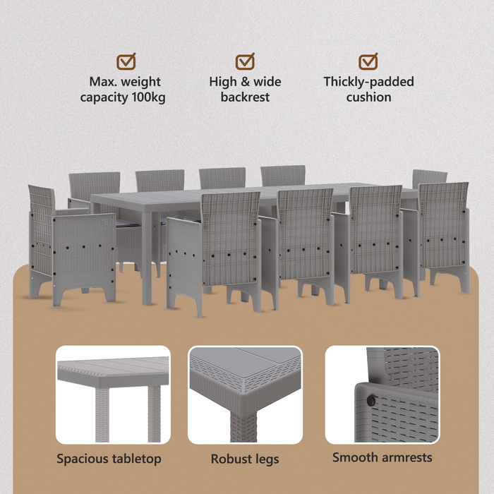 Set da Pranzo da Giardino 11 Pezzi con Cuscini Grigio Chiaro Polyrattan