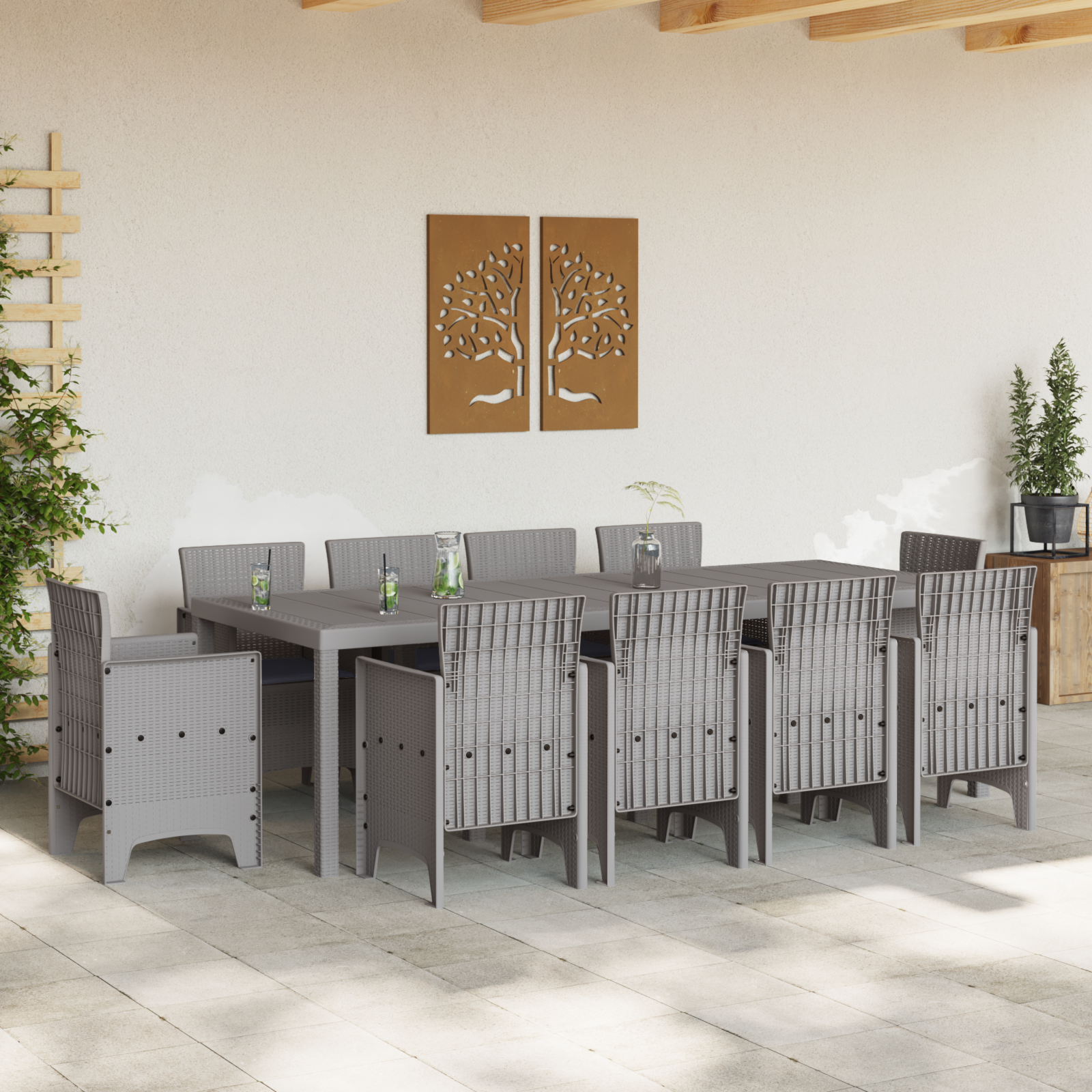 Set da Pranzo da Giardino 11 Pezzi con Cuscini Grigio Chiaro Polyrattan