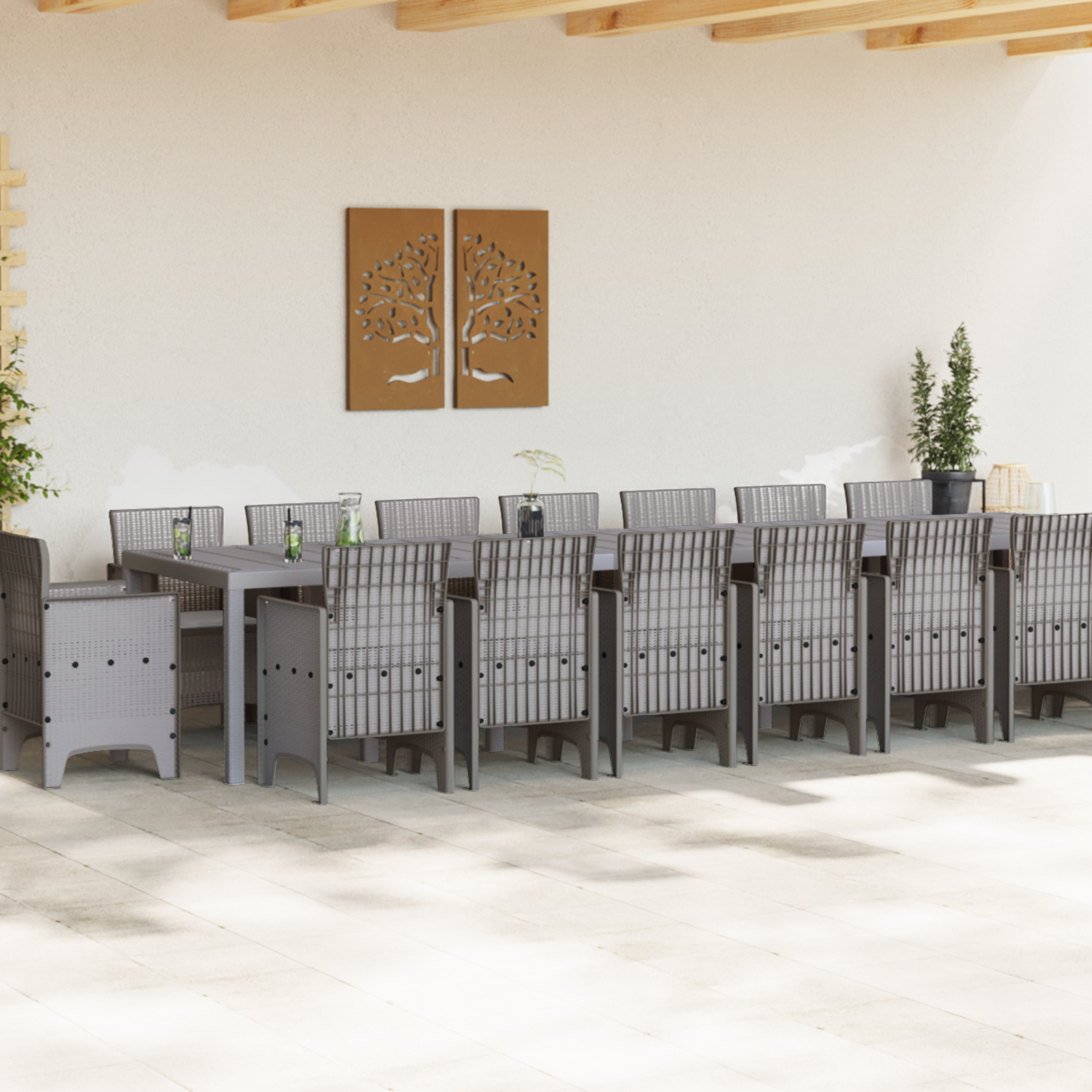 Set Pranzo Giardino  17 Pezzi con Cuscini Grigio Chiaro Polyrattan