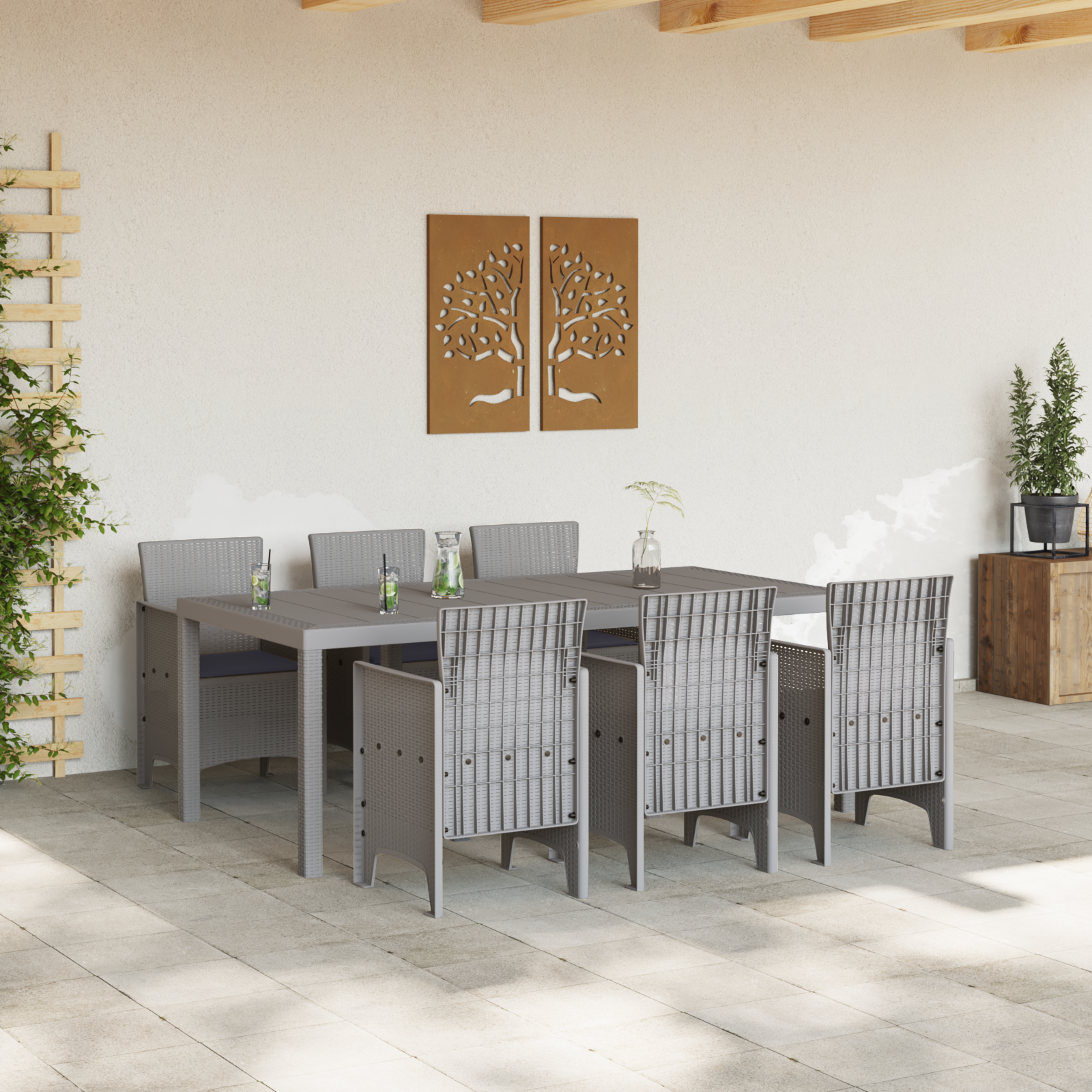 Set da pranzo da giardino 7 pezzi con cuscini grigio chiaro in polyrattan