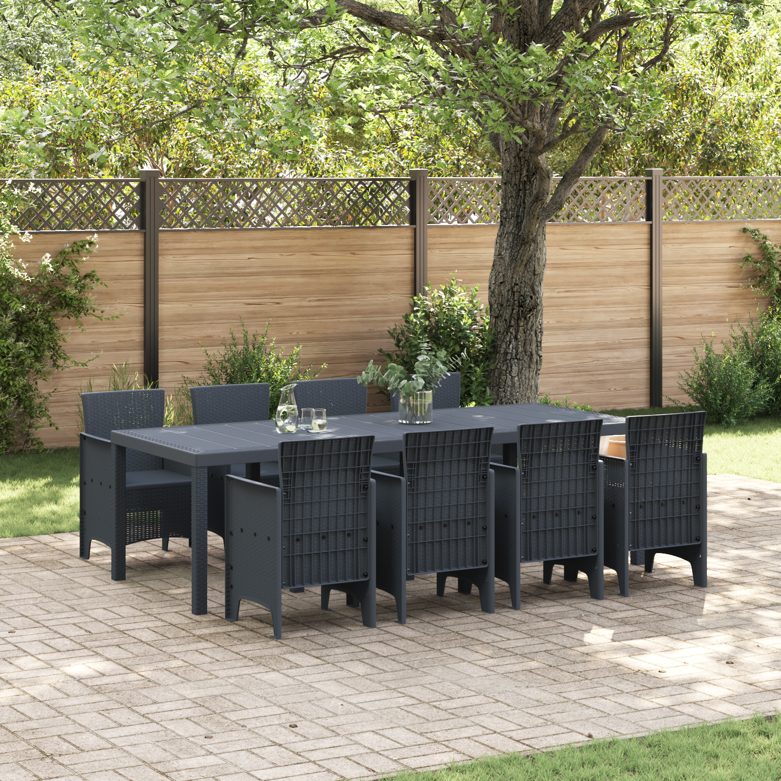 Set da Pranzo Giardino 9 Pezzi Polyrattan Grigio Scuro
