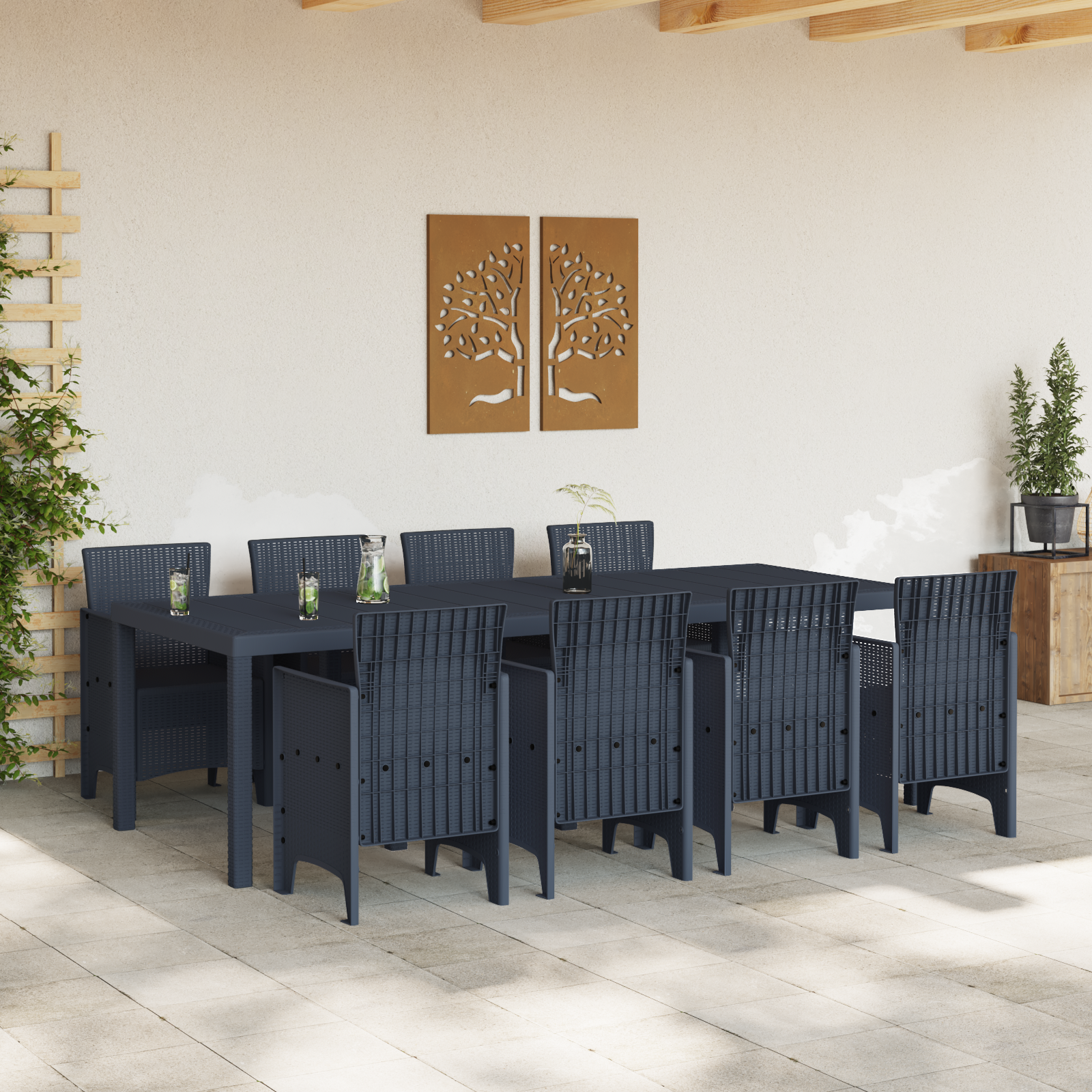 Set da Pranzo Giardino 9 Pezzi Polyrattan Grigio Scuro
