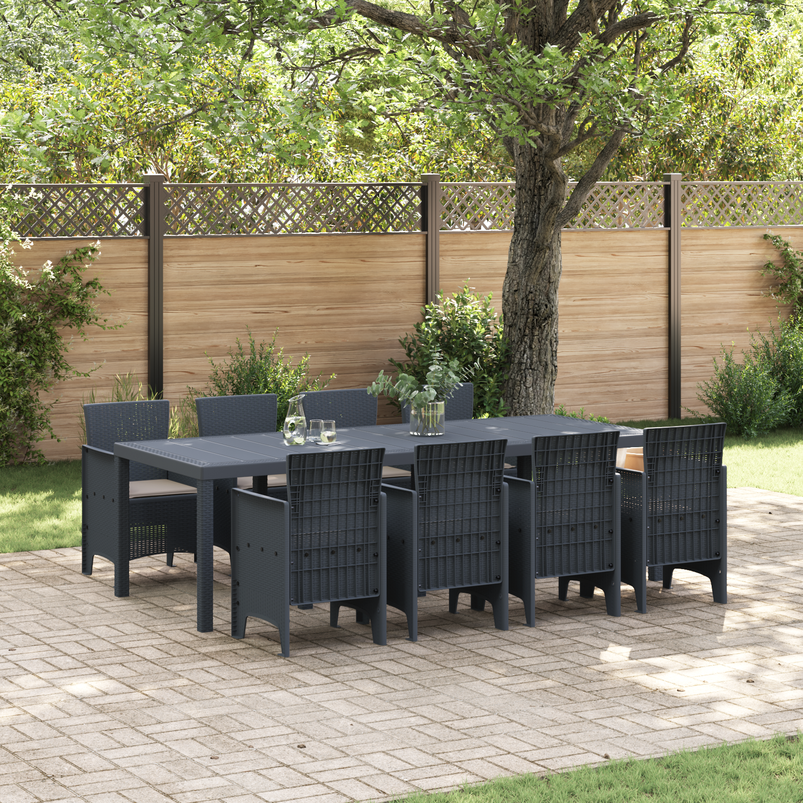 Set Pranzo Giardino 9 Pezzi con Cuscini Rattan Plastico Anthracite