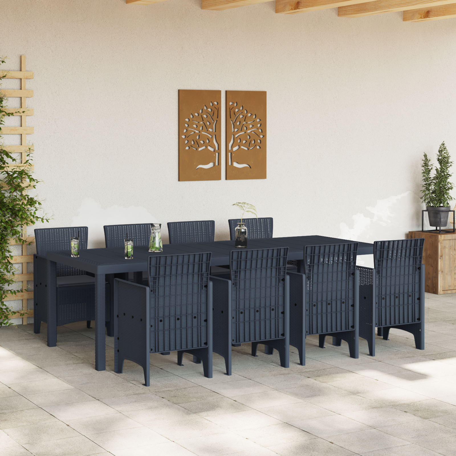 Set da pranzo da giardino 9 pezzi con cuscini in rattan polimerico antracite