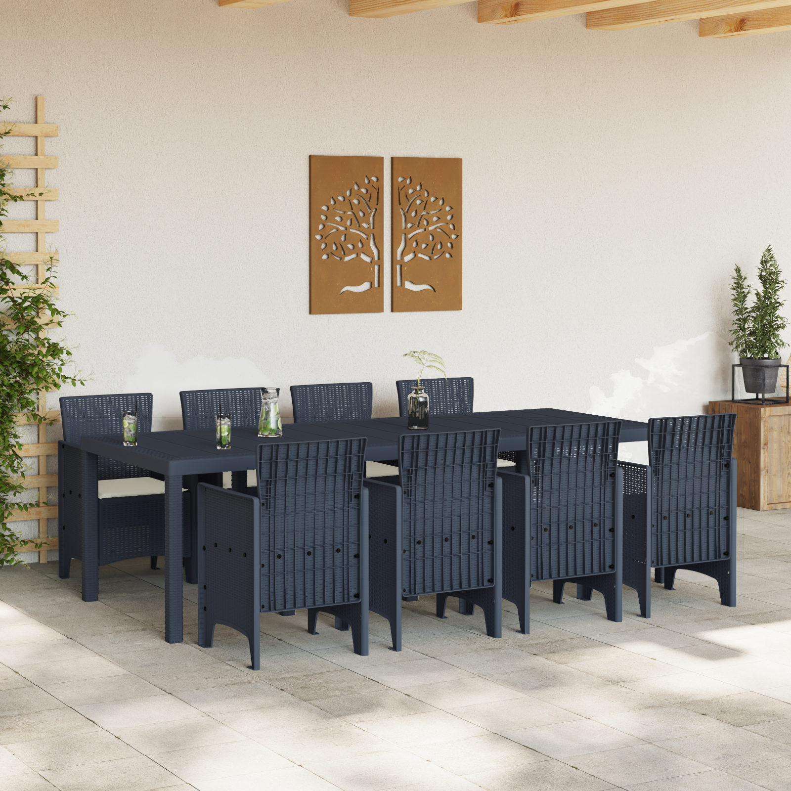 Set da Pranzo Giardino 9 Pezzi con Cuscini Rattan Polimerico Anthracite