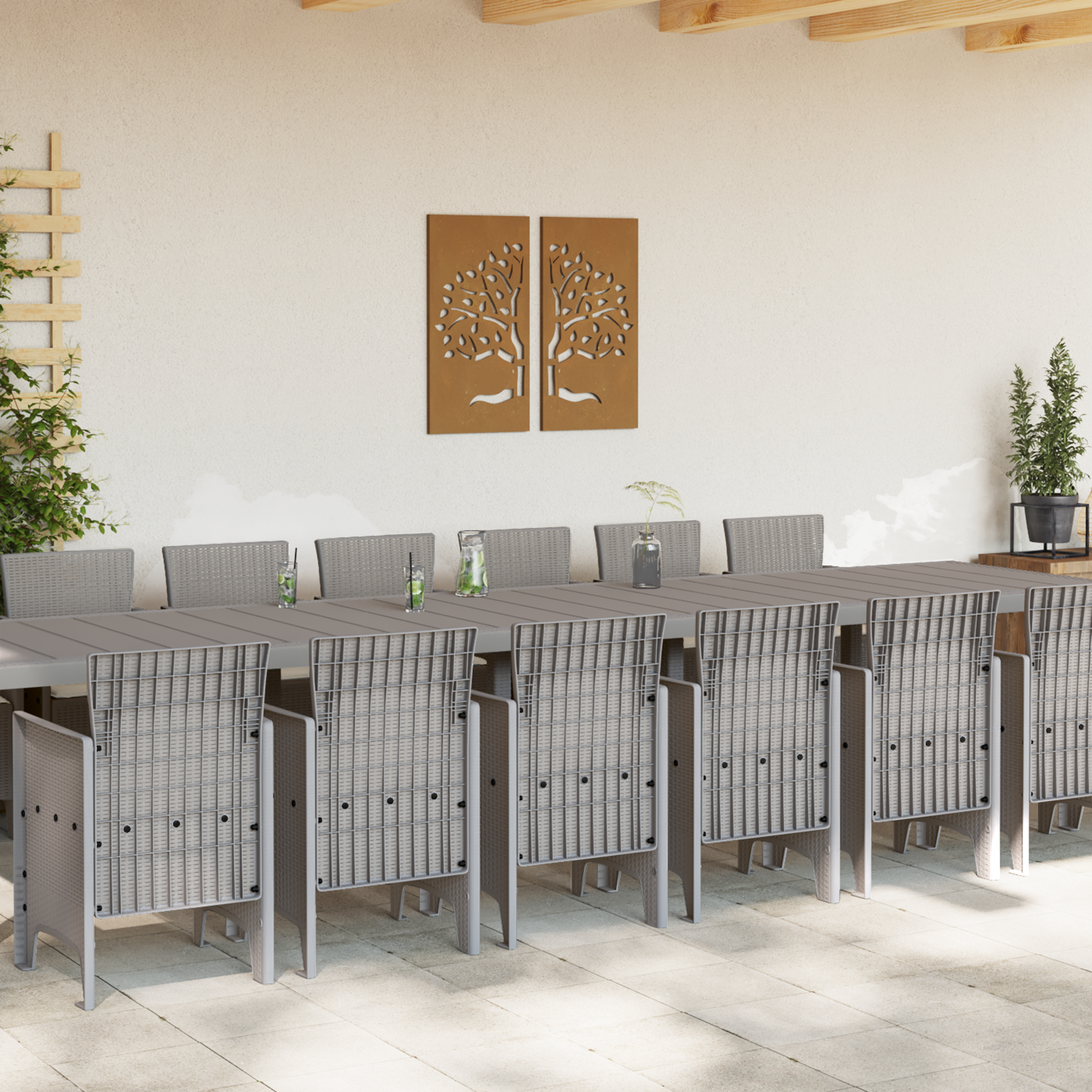 Set Pranzo Giardino 15 Pezzi Cuscini Grigio Chiaro Polyrattan