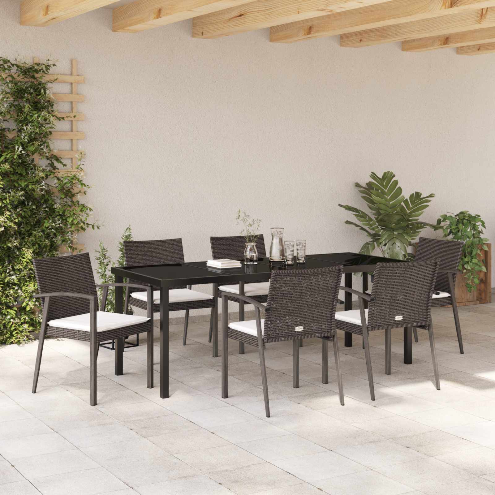 Set da pranzo da giardino 7 pezzi con cuscini in polirattan marrone