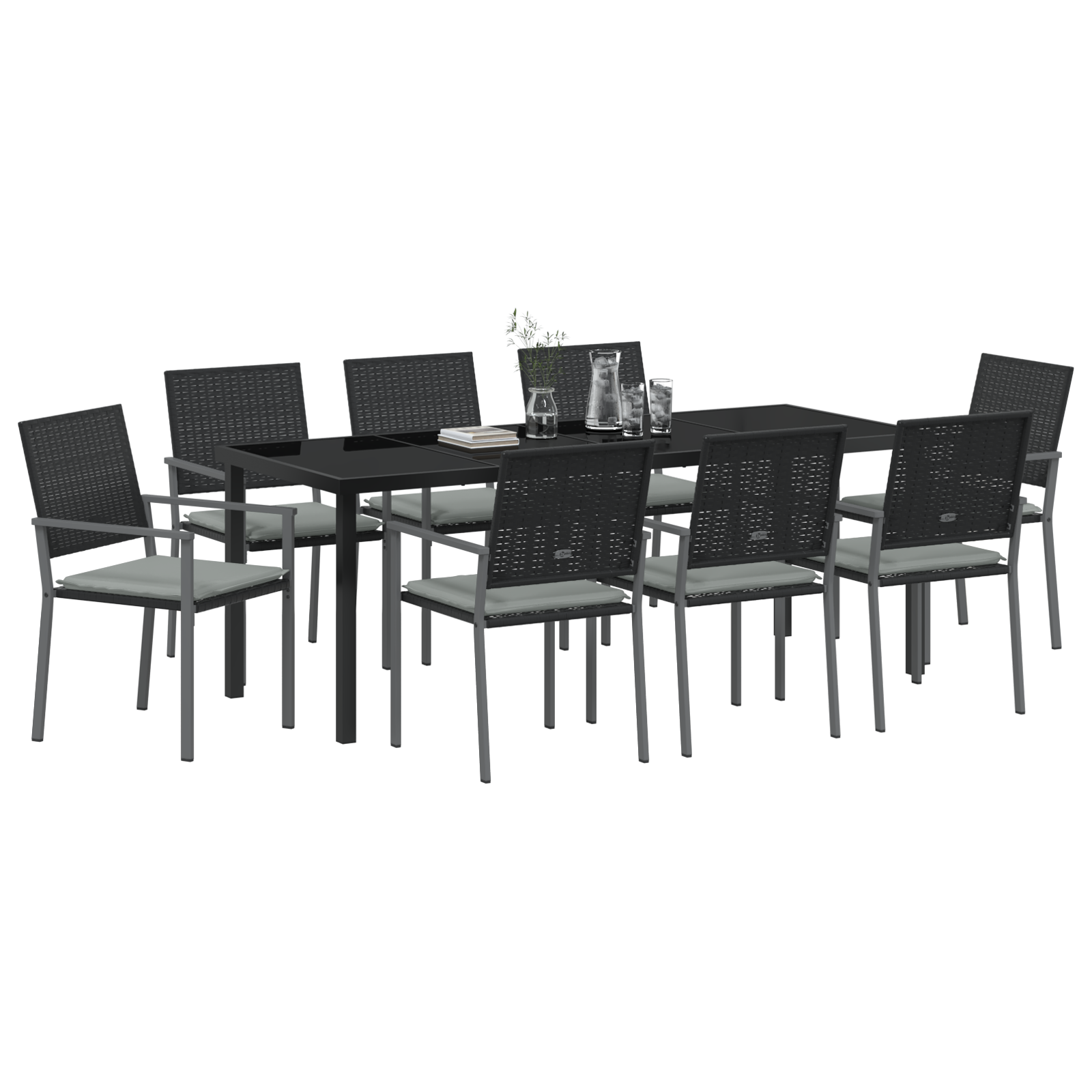 Set da pranzo da giardino 9 pezzi con cuscini in polyrattan nero