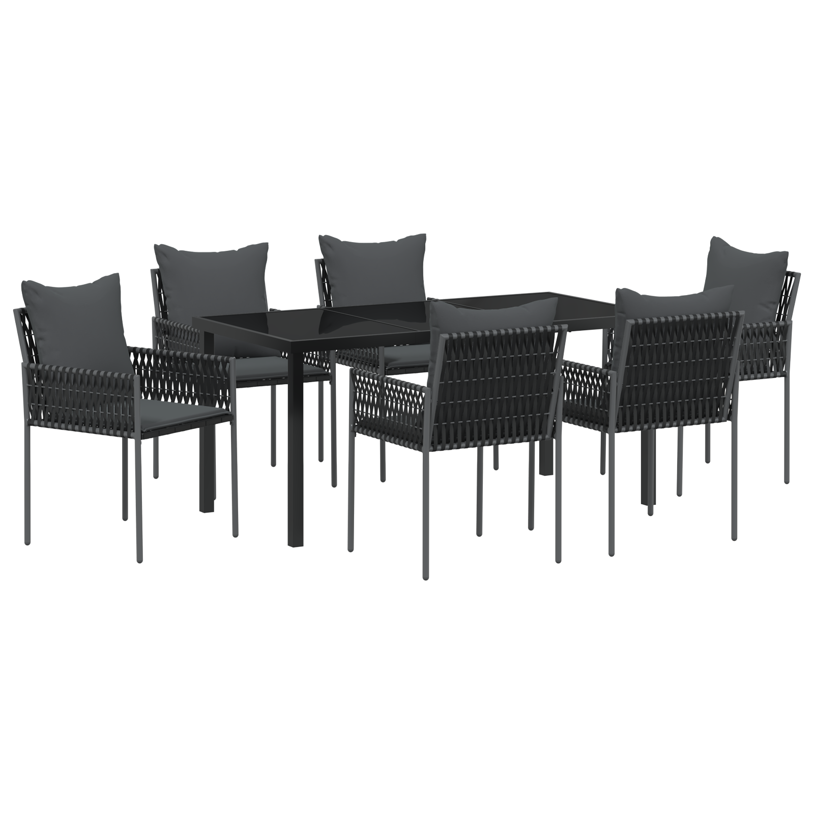 Set da pranzo da giardino in 7 pezzi con cuscini in polyrattan nero