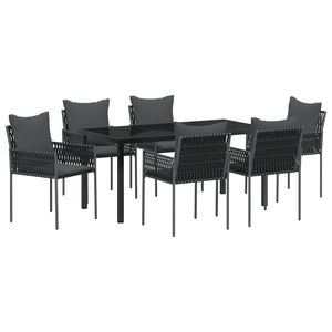 Set da pranzo da giardino in 7 pezzi con cuscini in polyrattan nero