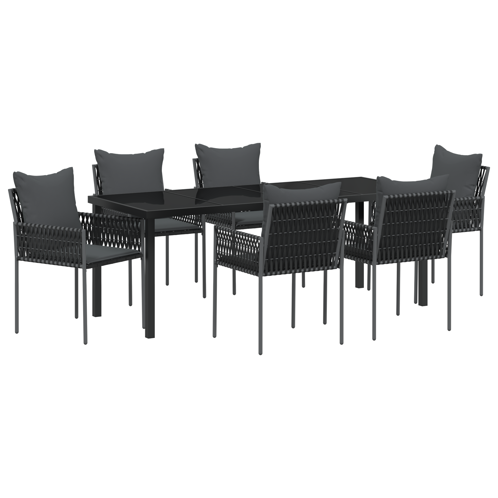 Set da pranzo da giardino in 7 pezzi con cuscini in polirattan nero