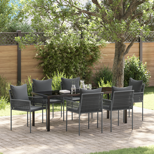Set da pranzo da giardino in 7 pezzi con cuscini in polirattan nero