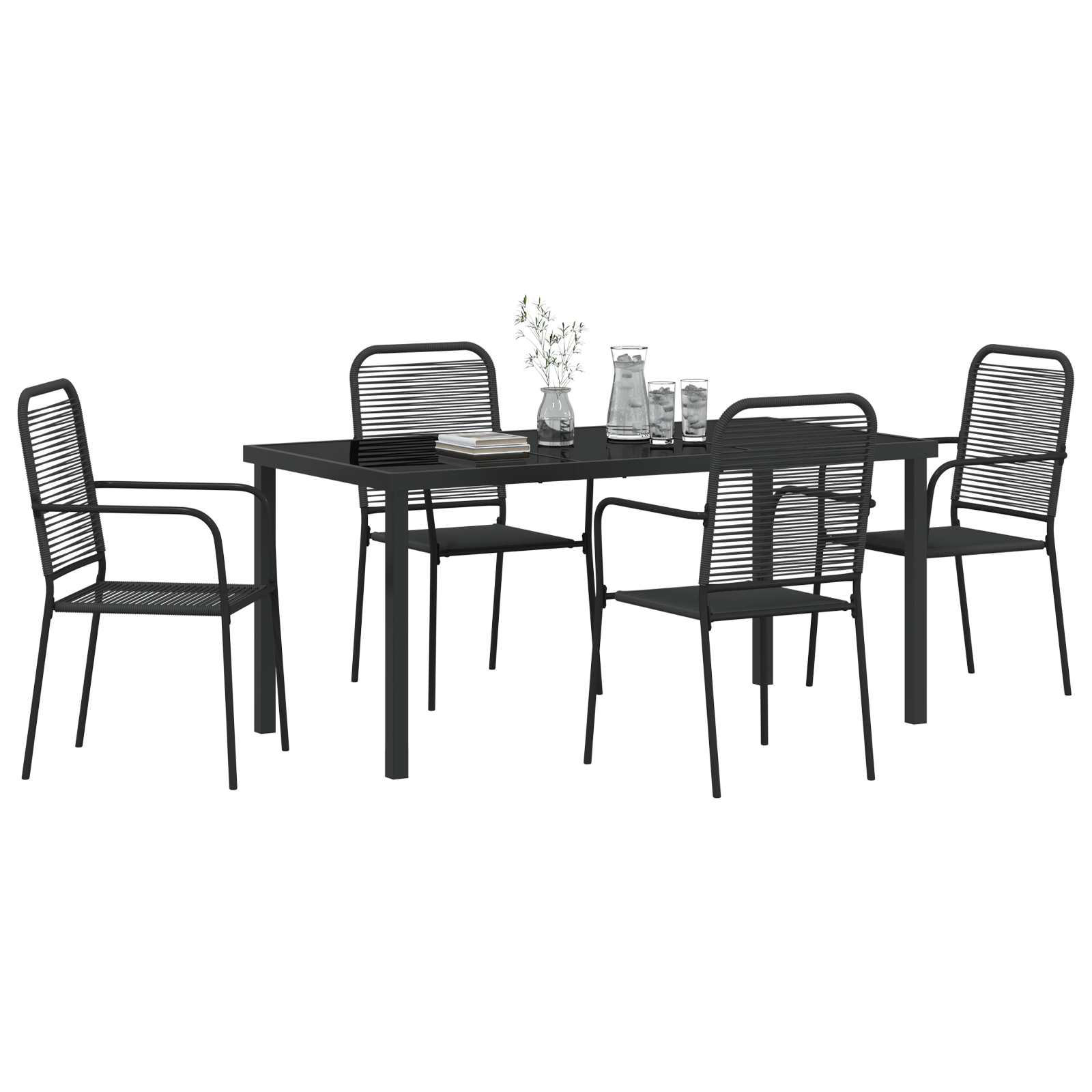 Set da Pranzo da Giardino 5 Pezzi Nero Cordoncino di Cotone e Acciaio