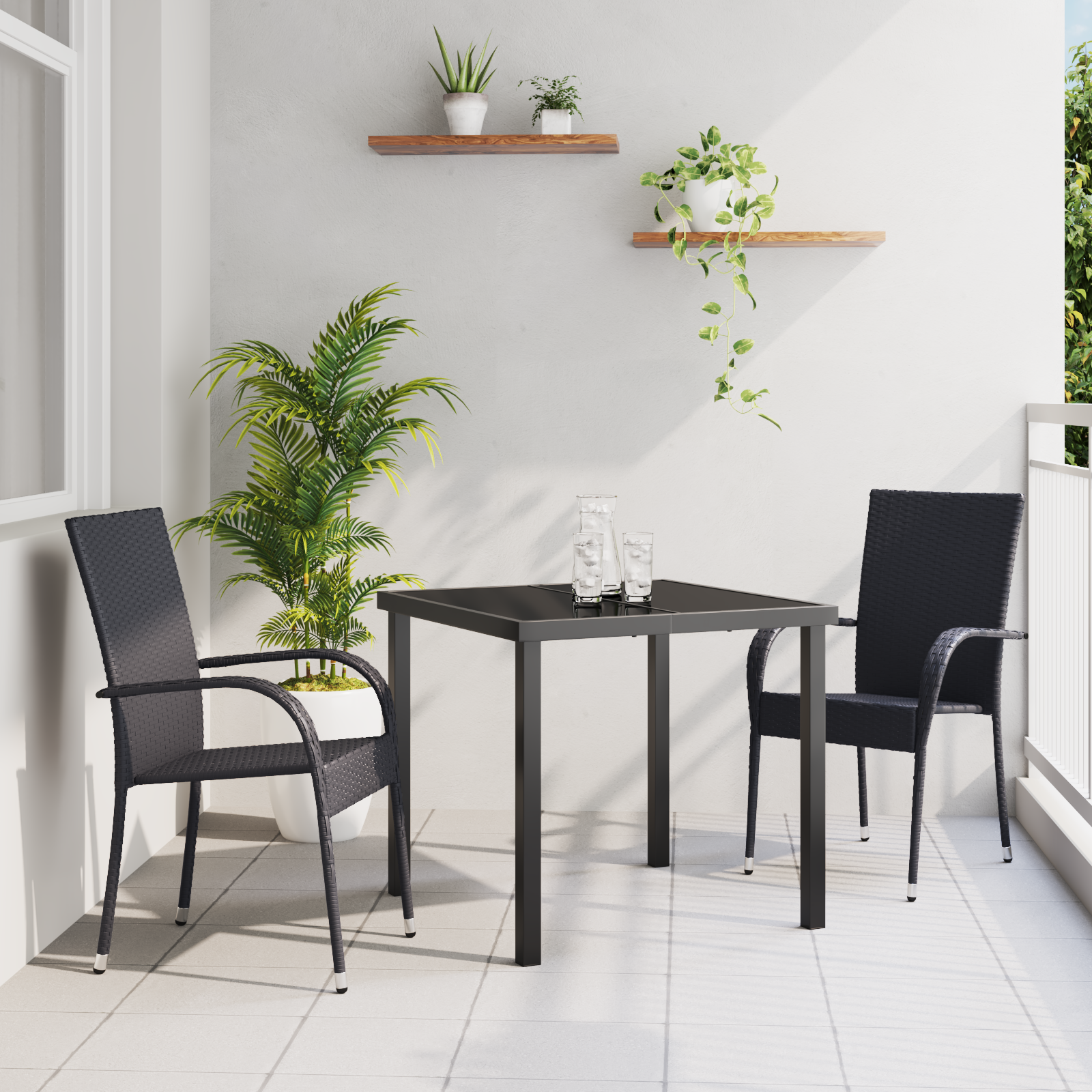 Set da Pranzo da Giardino 3 Pezzi Nero Rattan Poliestere