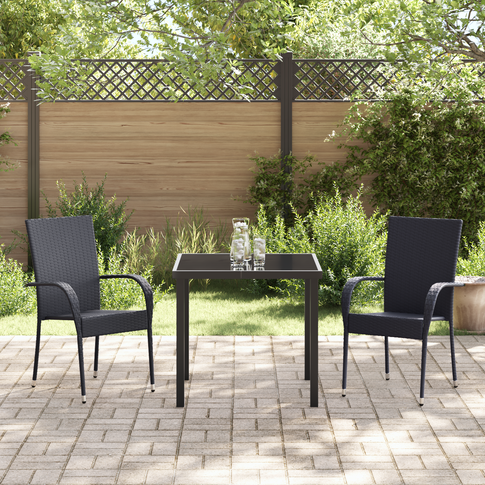 Set da Pranzo da Giardino 3 Pezzi Nero Rattan Poliestere