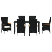 Set da Pranzo da Giardino 7 Pezzi con Cuscini in Rattan Poliestere Nero