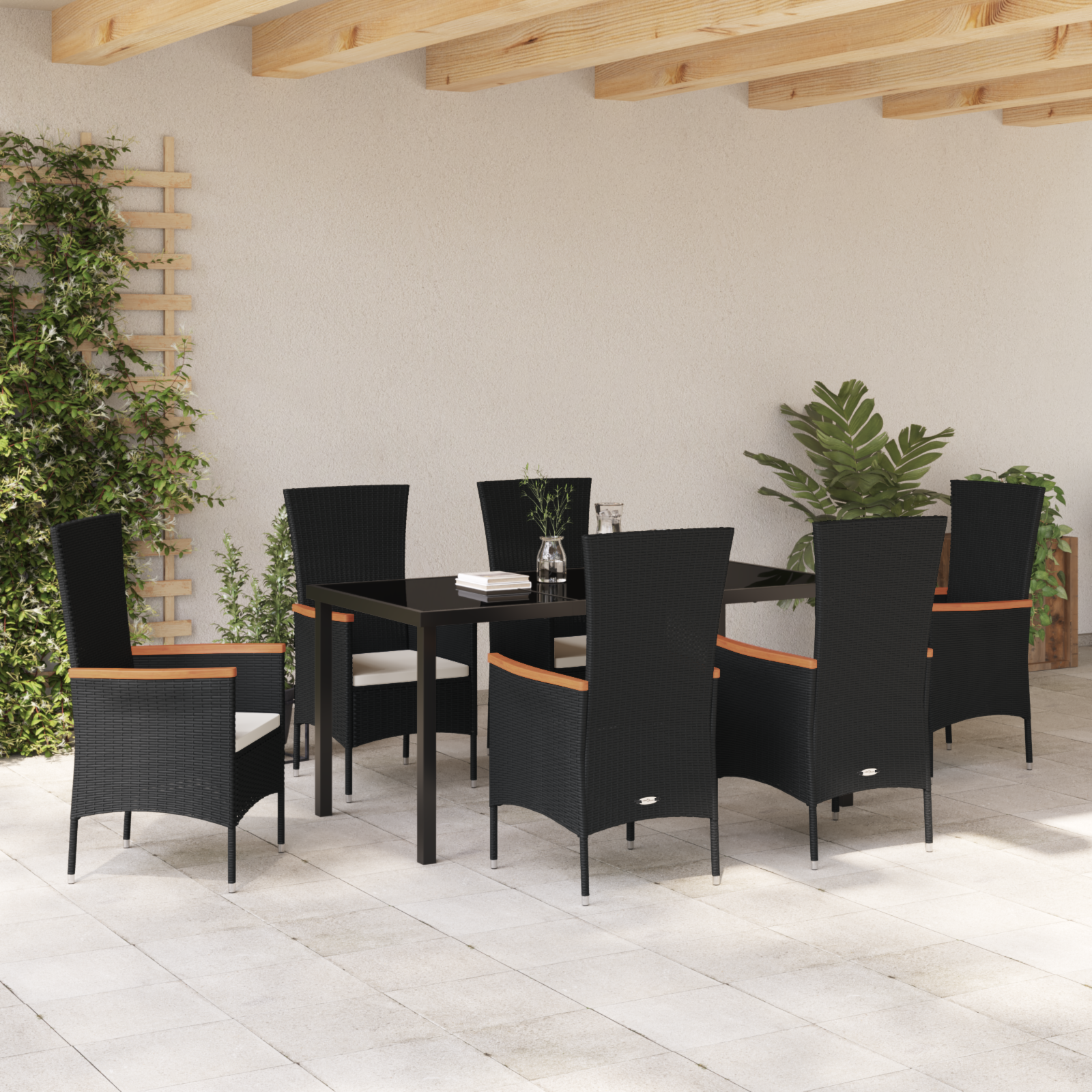 Set da Pranzo da Giardino 7 Pezzi con Cuscini in Rattan Poliestere Nero