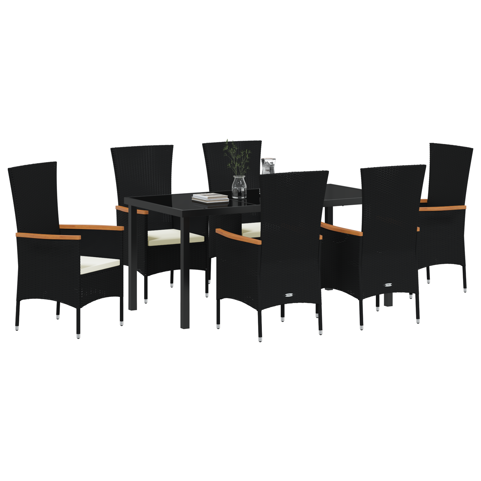 Set da Pranzo da Giardino 7 Pezzi con Cuscini in Rattan Poliestere Nero