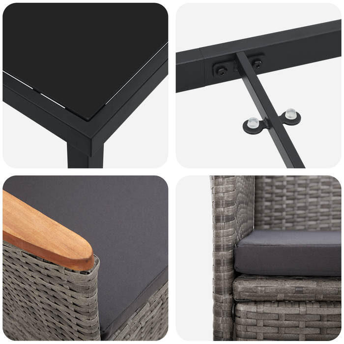 Set da Pranzo da Giardino 3 Pezzi con Cuscini Grigio Rattan Polimerico