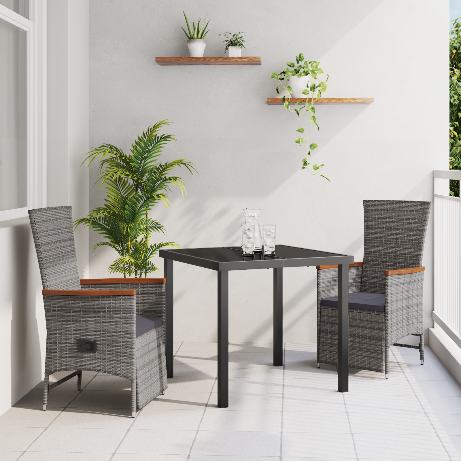Set da Pranzo da Giardino 3 Pezzi con Cuscini Grigio Rattan Polimerico