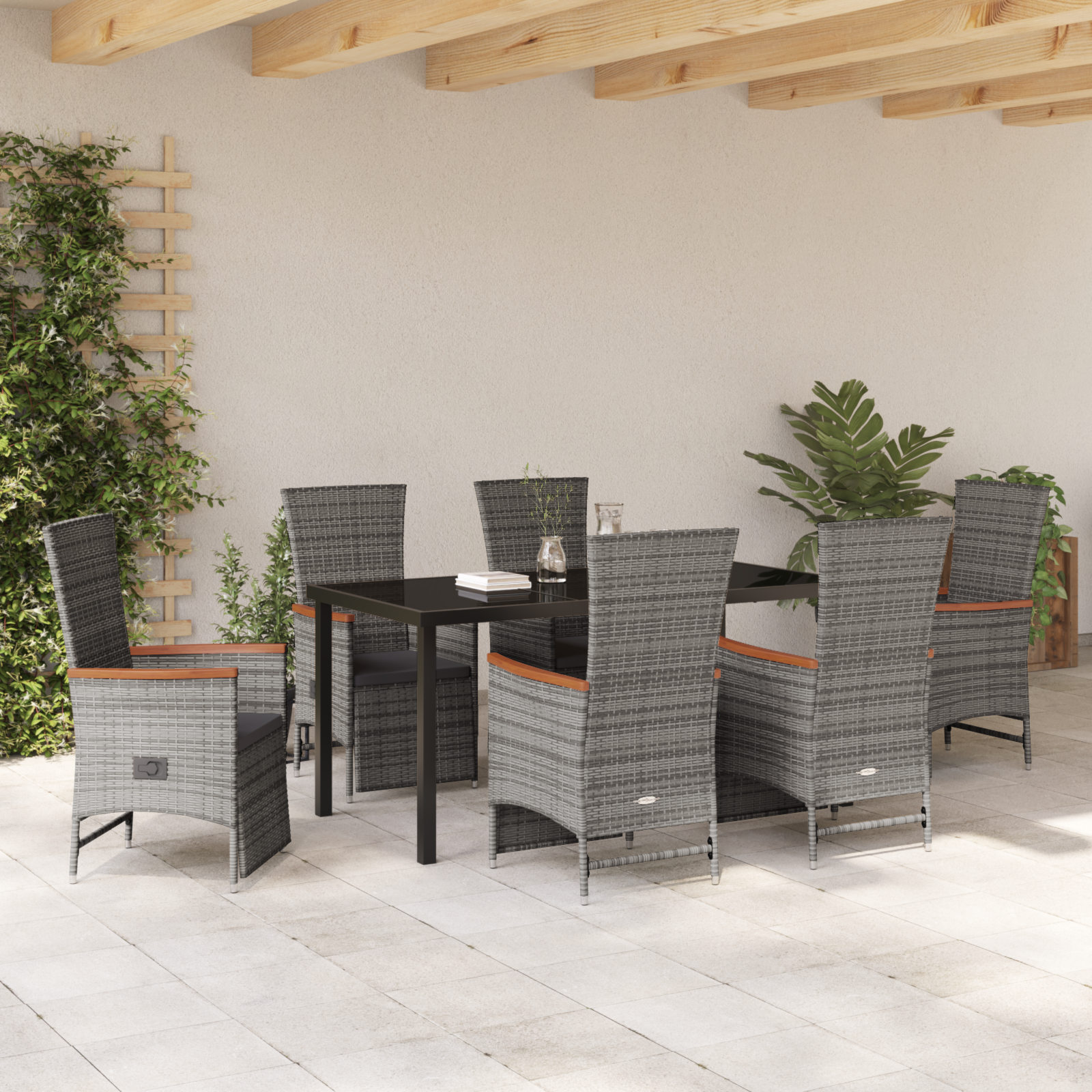 Set da Pranzo da Giardino 7 Pezzi con Cuscini Grigio Rattan Sintetico