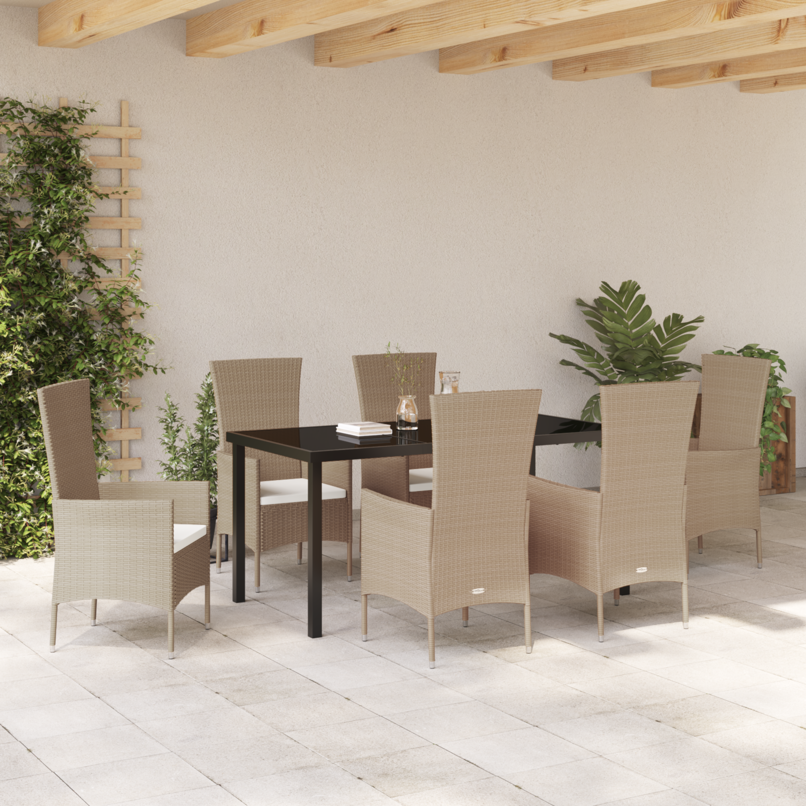 Set da Pranzo per Giardino da 7 Pezzi con Cuscini Beige Rattan Sintetico