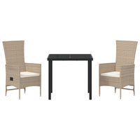 Set da pranzo in giardino da 3 pezzi con cuscini beige in polyrattan