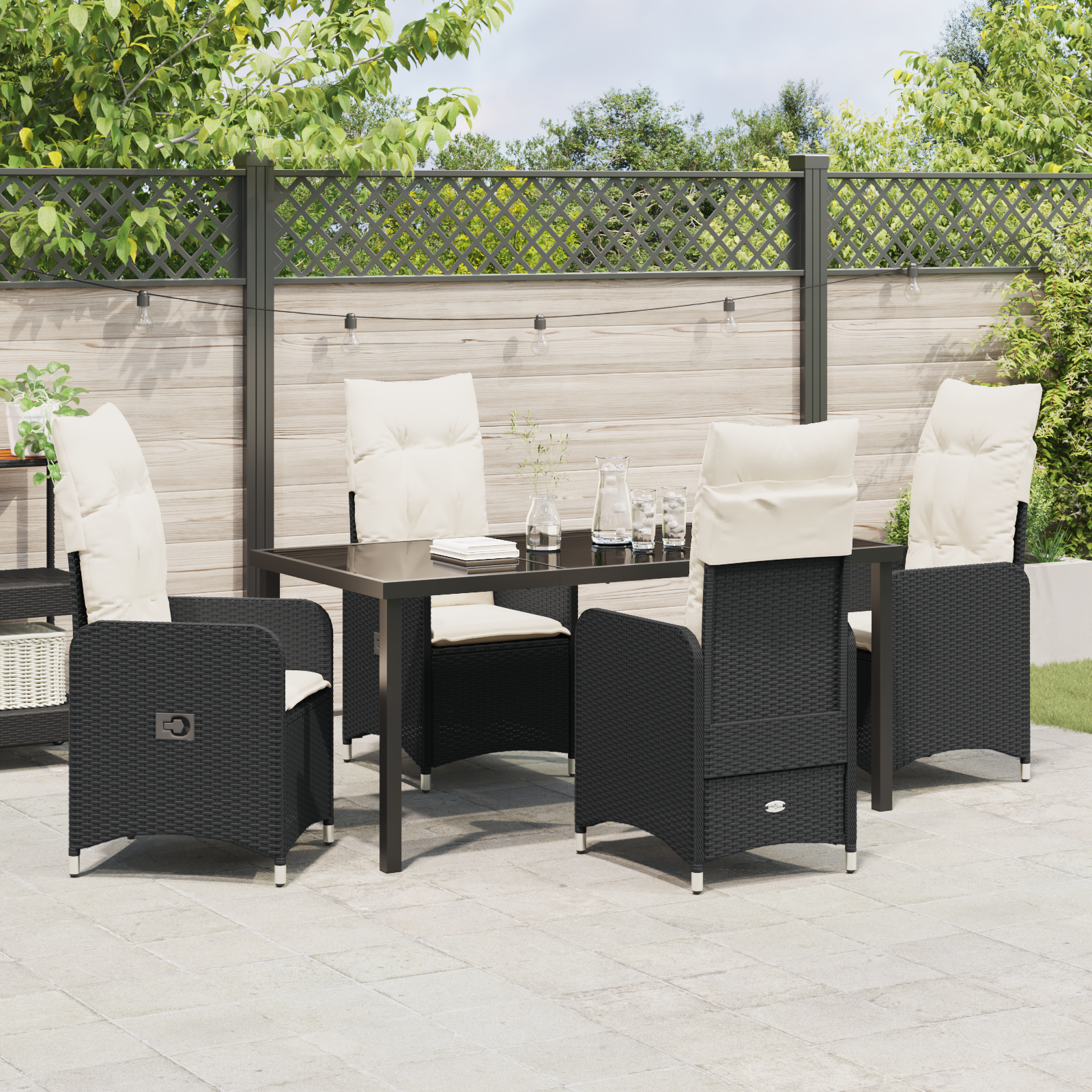 Set di 5 Pezzi per Pranzo da Giardino con Cuscini in Rattan Nero
