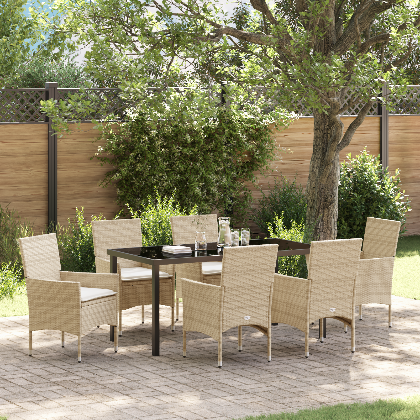 Set da Pranzo da Giardino da 7 Pezzi con Cuscini Beige Rattan Poliestere