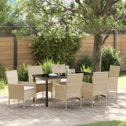 Set da Pranzo da Giardino da 7 Pezzi con Cuscini Beige Rattan Poliestere