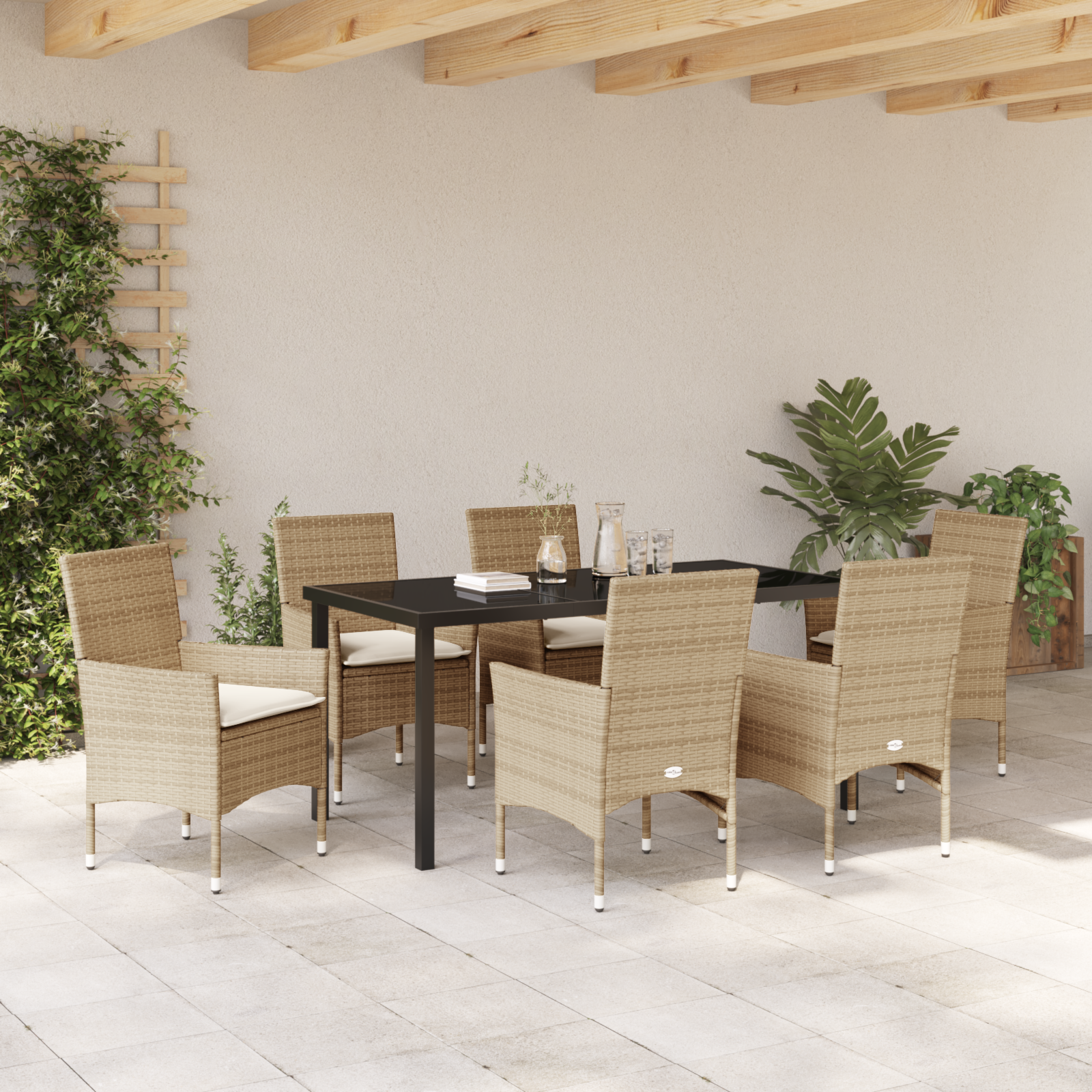 Set da Pranzo da Giardino da 7 Pezzi con Cuscini Beige Rattan Poliestere