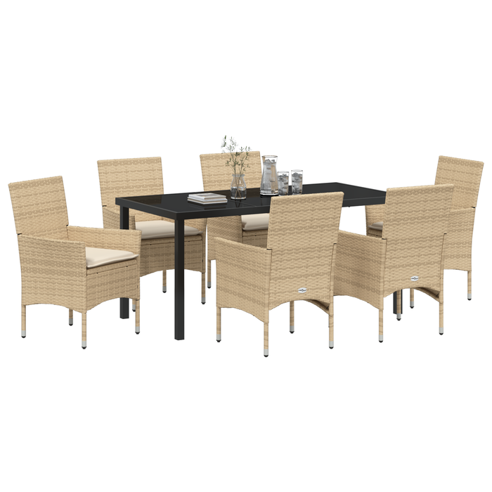 Set da Pranzo da Giardino da 7 Pezzi con Cuscini Beige Rattan Poliestere