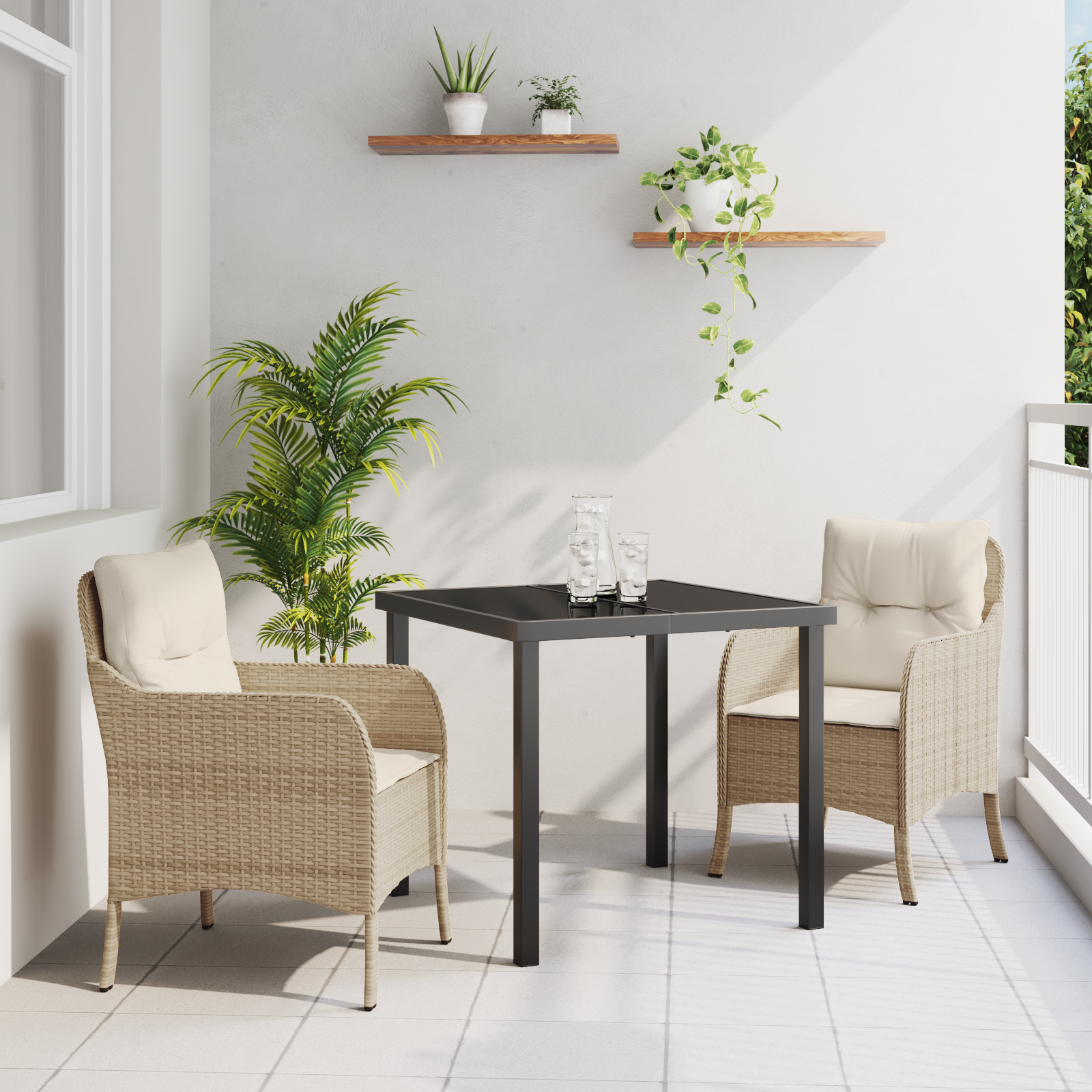 Set da pranzo da giardino 3 pezzi con cuscini beige in rattan sintetico