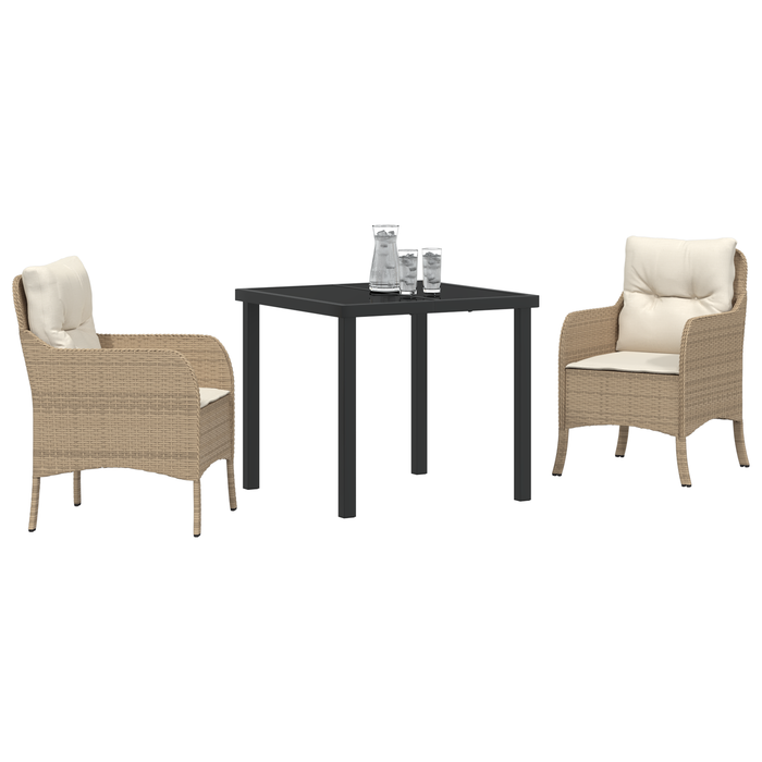 Set da pranzo da giardino 3 pezzi con cuscini beige in rattan sintetico