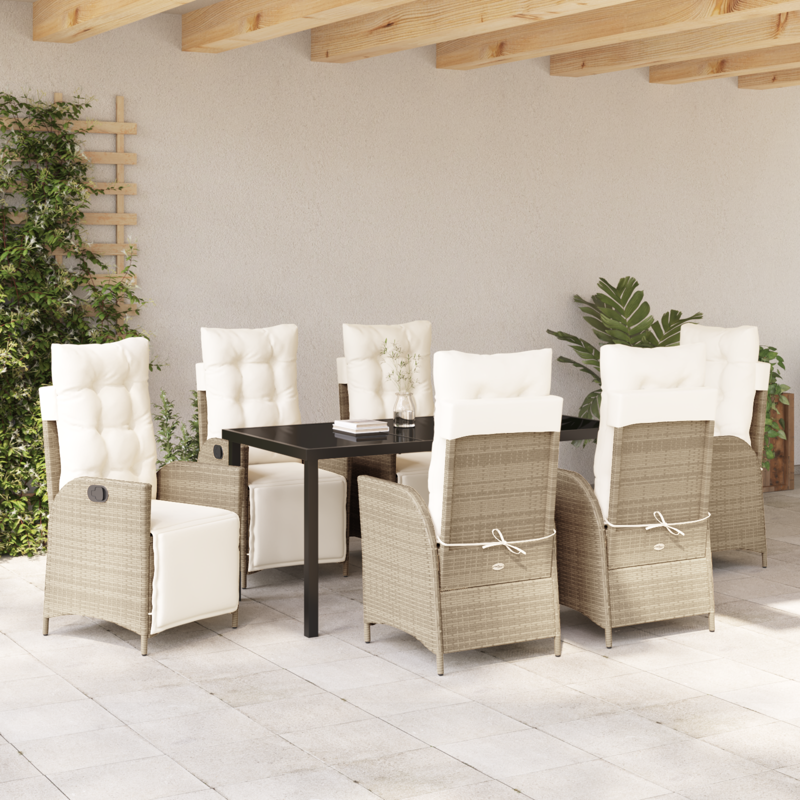 Set di 7 pezzi per pranzo da giardino in rattan PE beige