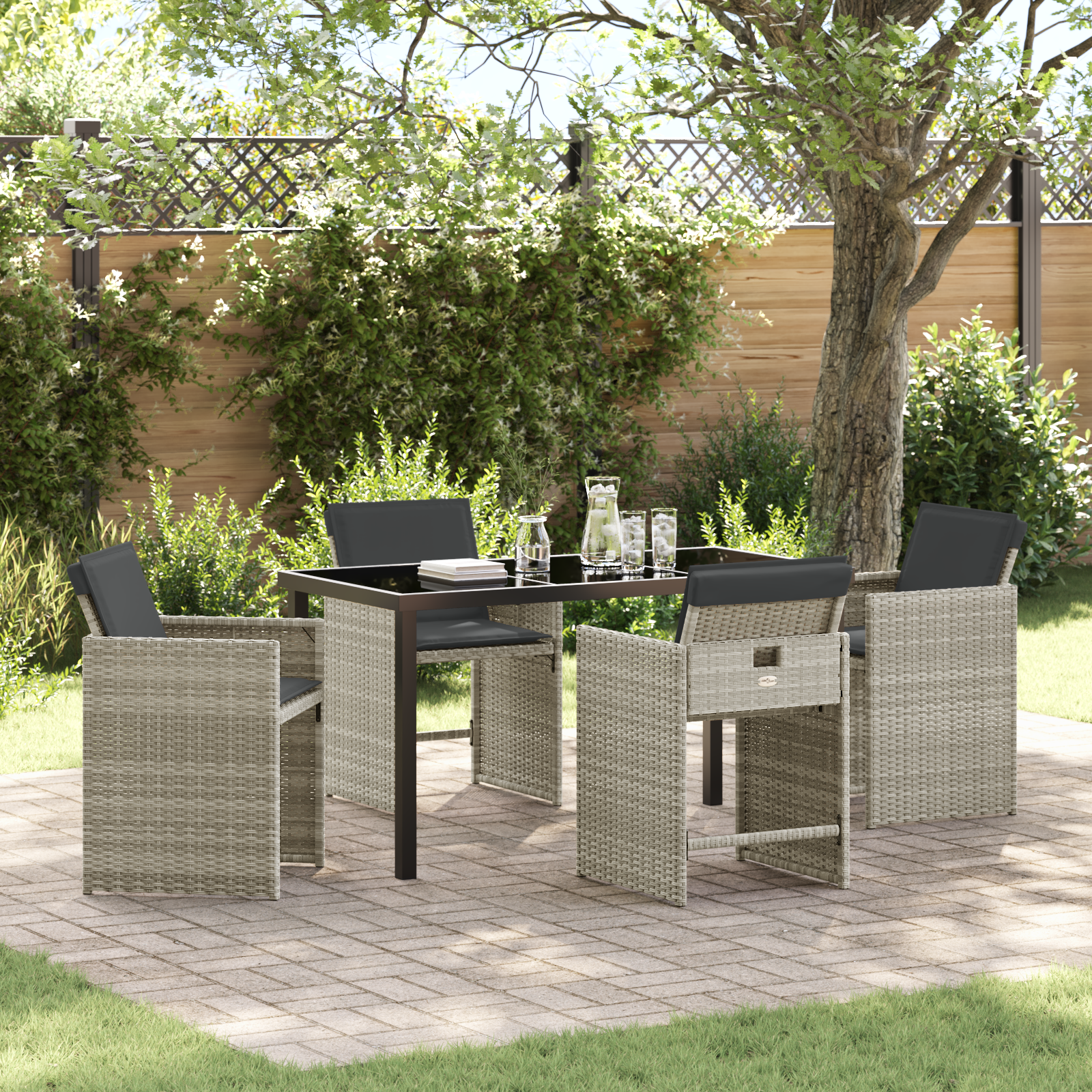 Set da pranzo da giardino 5 pezzi con cuscini grigio chiaro in rattan sintetico
