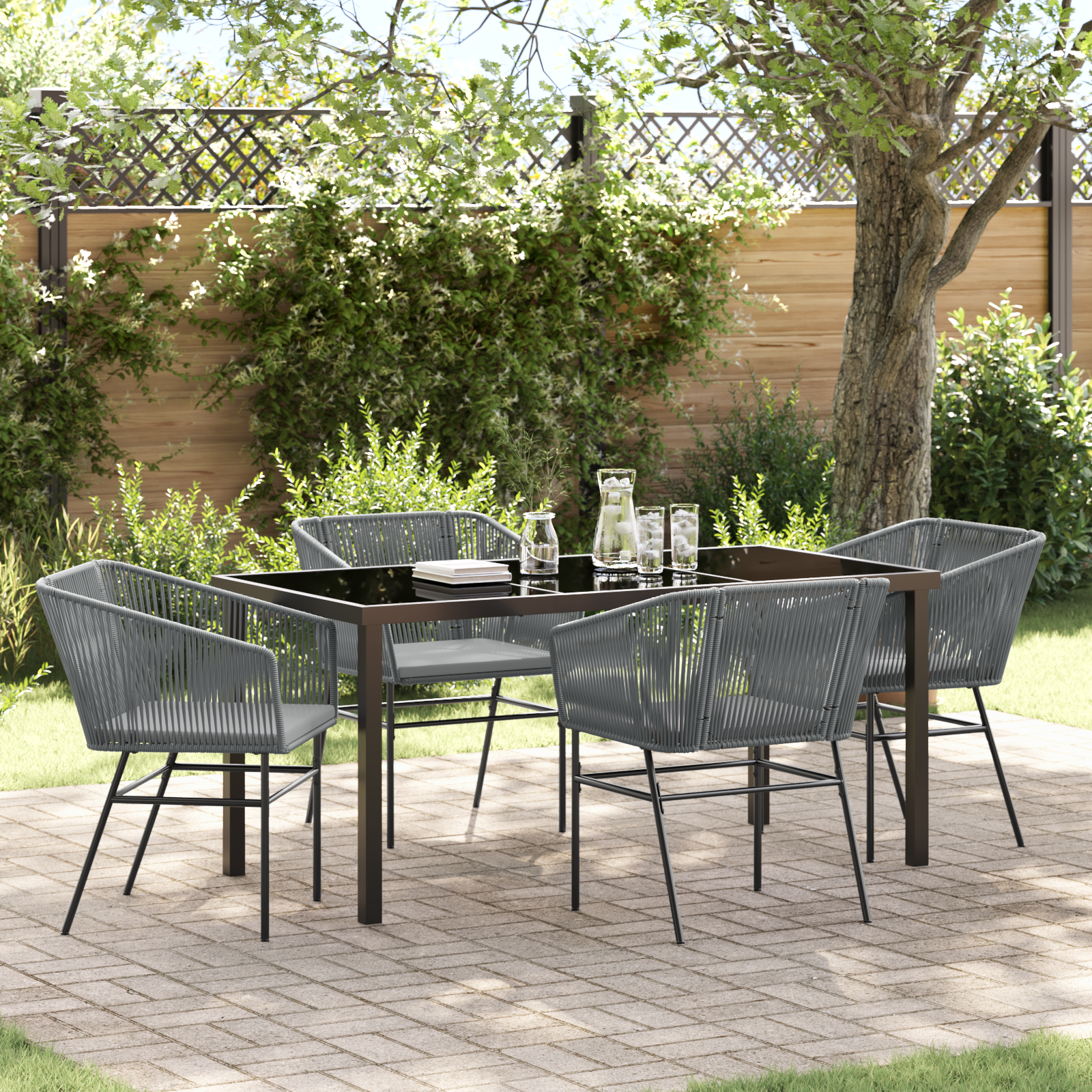 Set da pranzo da giardino 5 pezzi con cuscini in polyrattan grigio