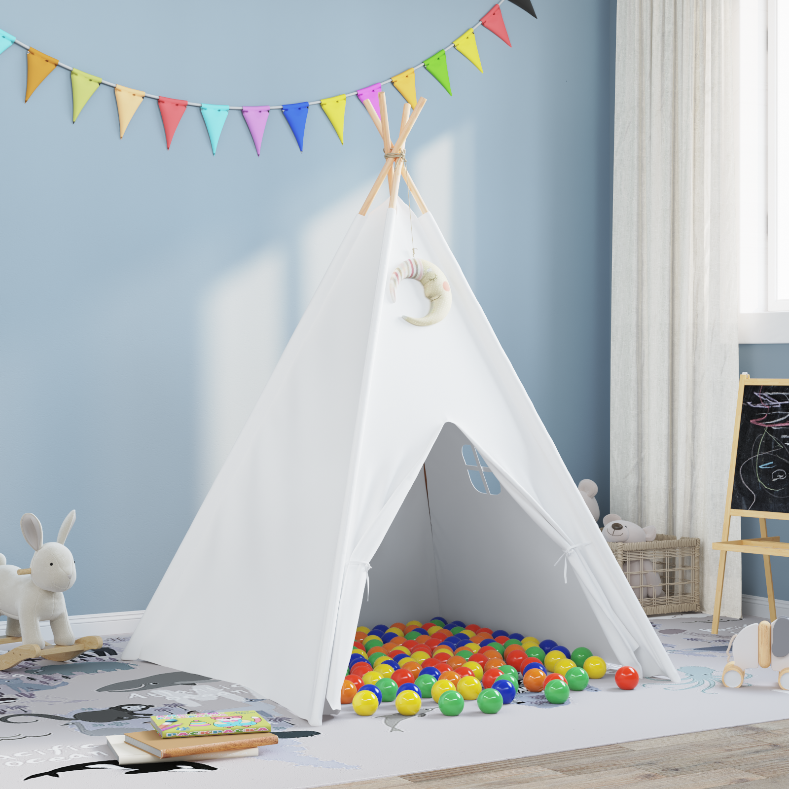 Tenda Teepee per Bambini con Borsa e Palline da Gioco Bianche