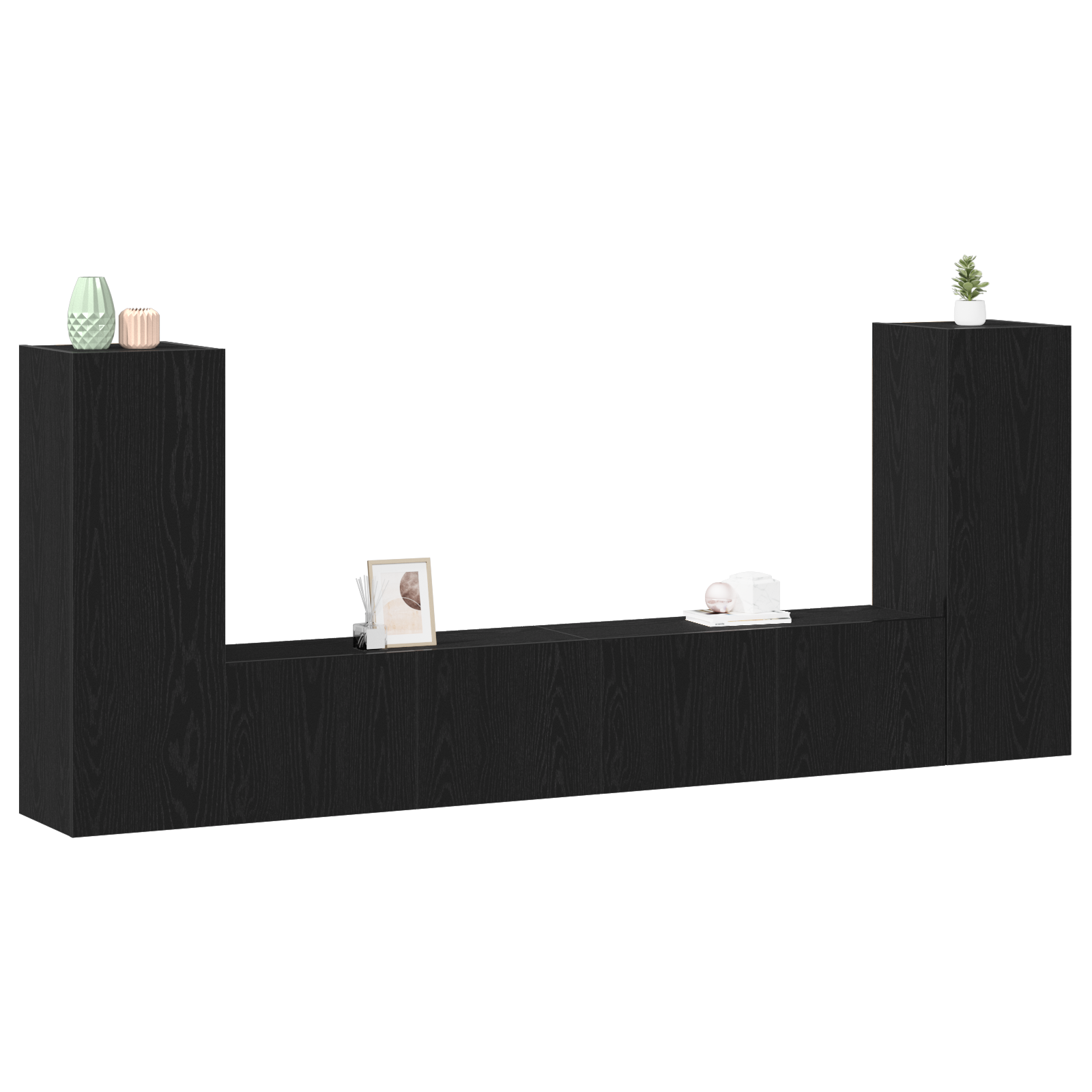 Set di mobili TV da 4 pezzi a parete in legno ingegnerizzato rovere nero