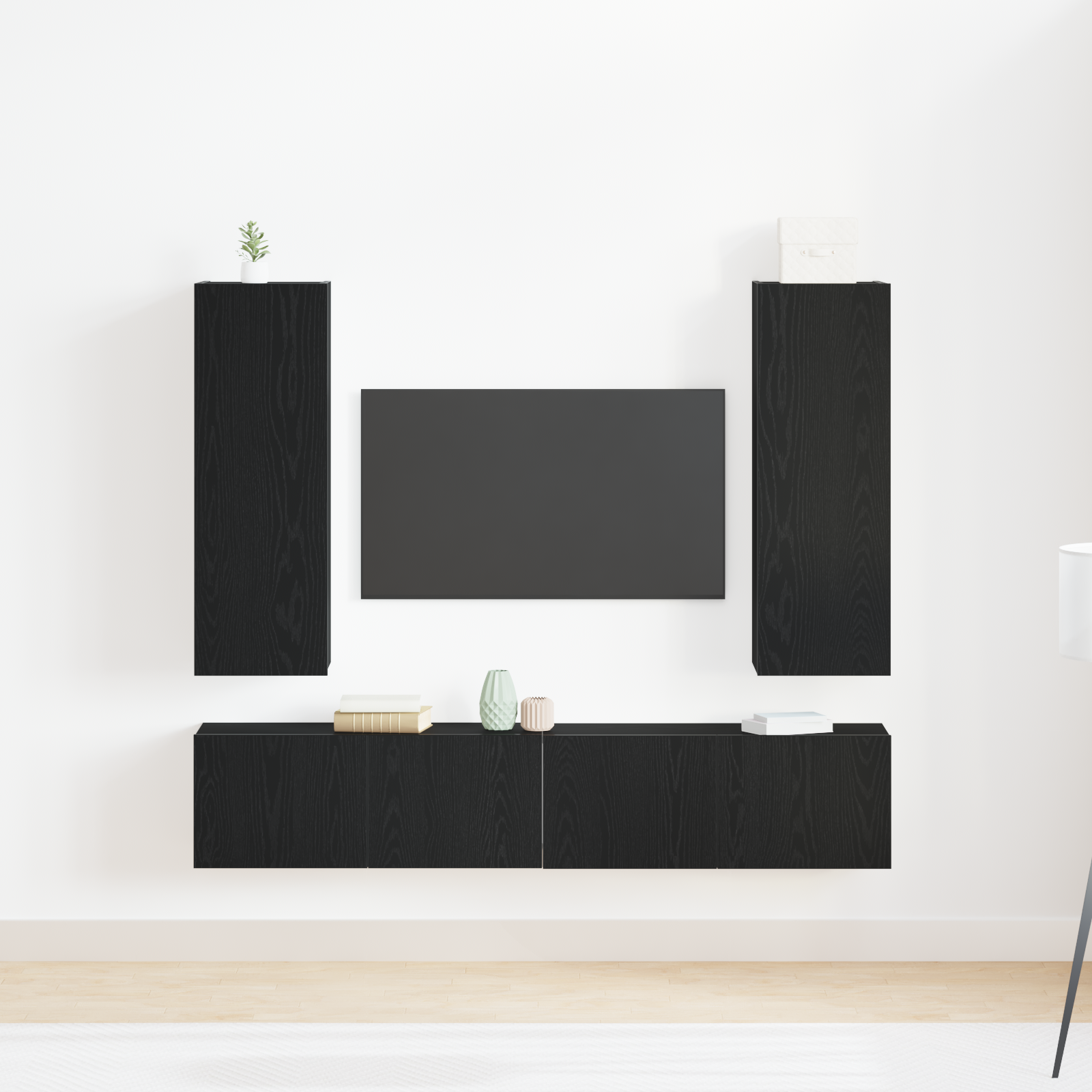Set di mobili TV  da 4 pezzi a muro in legno ingegnerizzato rovere nero