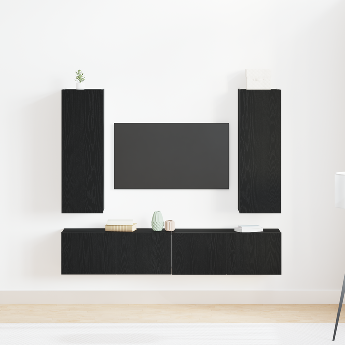 Set di mobili TV  da 4 pezzi a muro in legno ingegnerizzato rovere nero