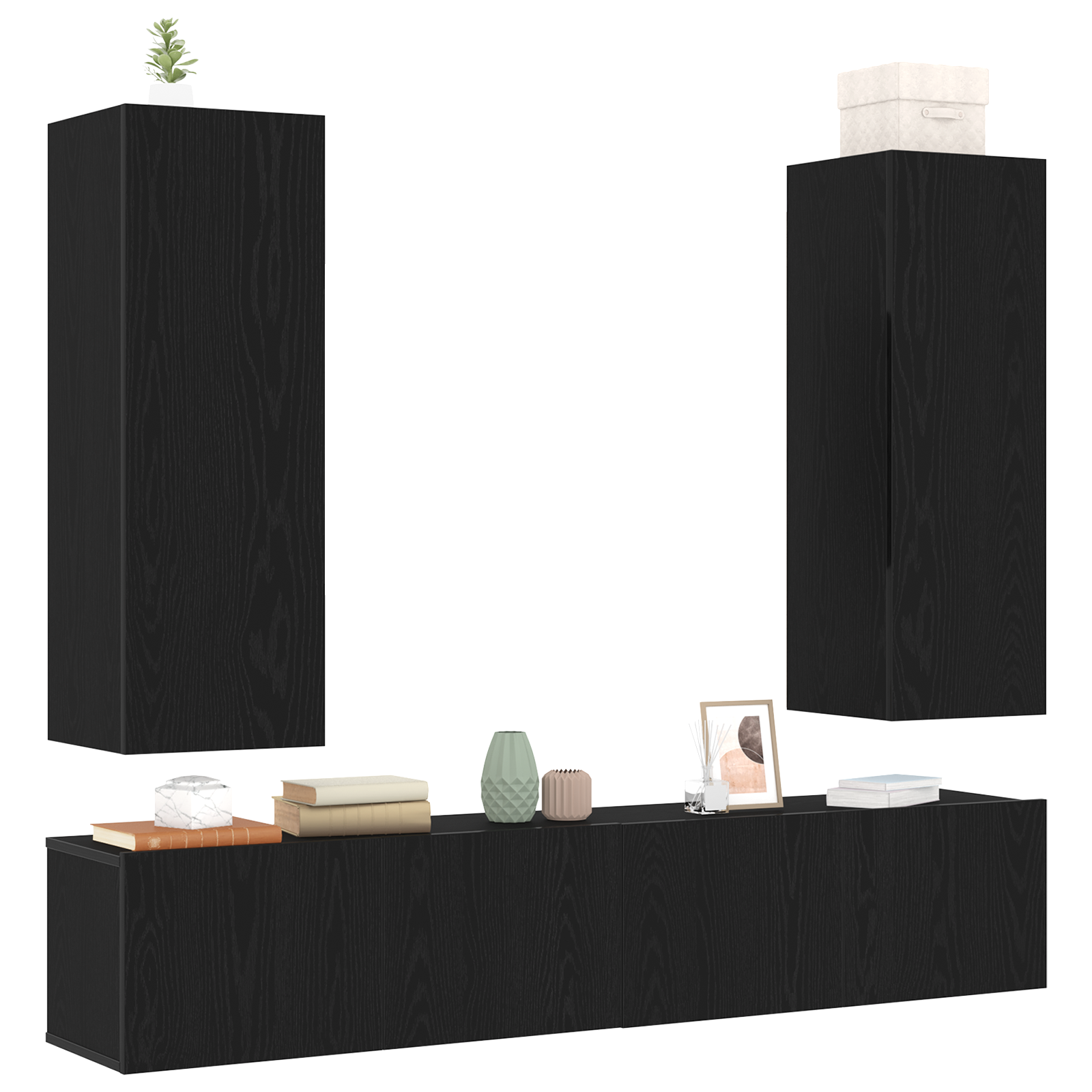 Set di mobili TV  da 4 pezzi a muro in legno ingegnerizzato rovere nero