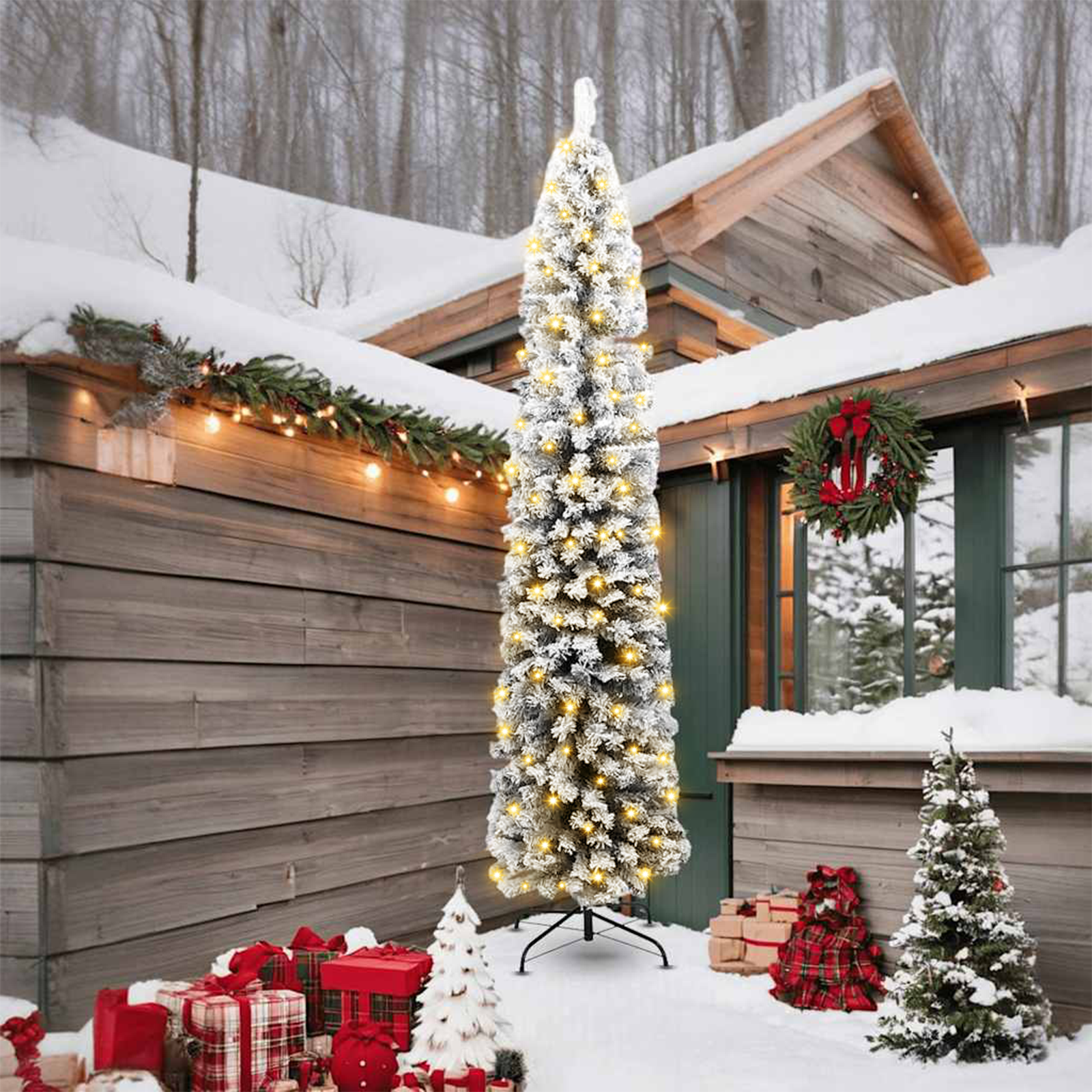 Albero di Natale Slim 300 LED e Neve Finta Verde 240 cm