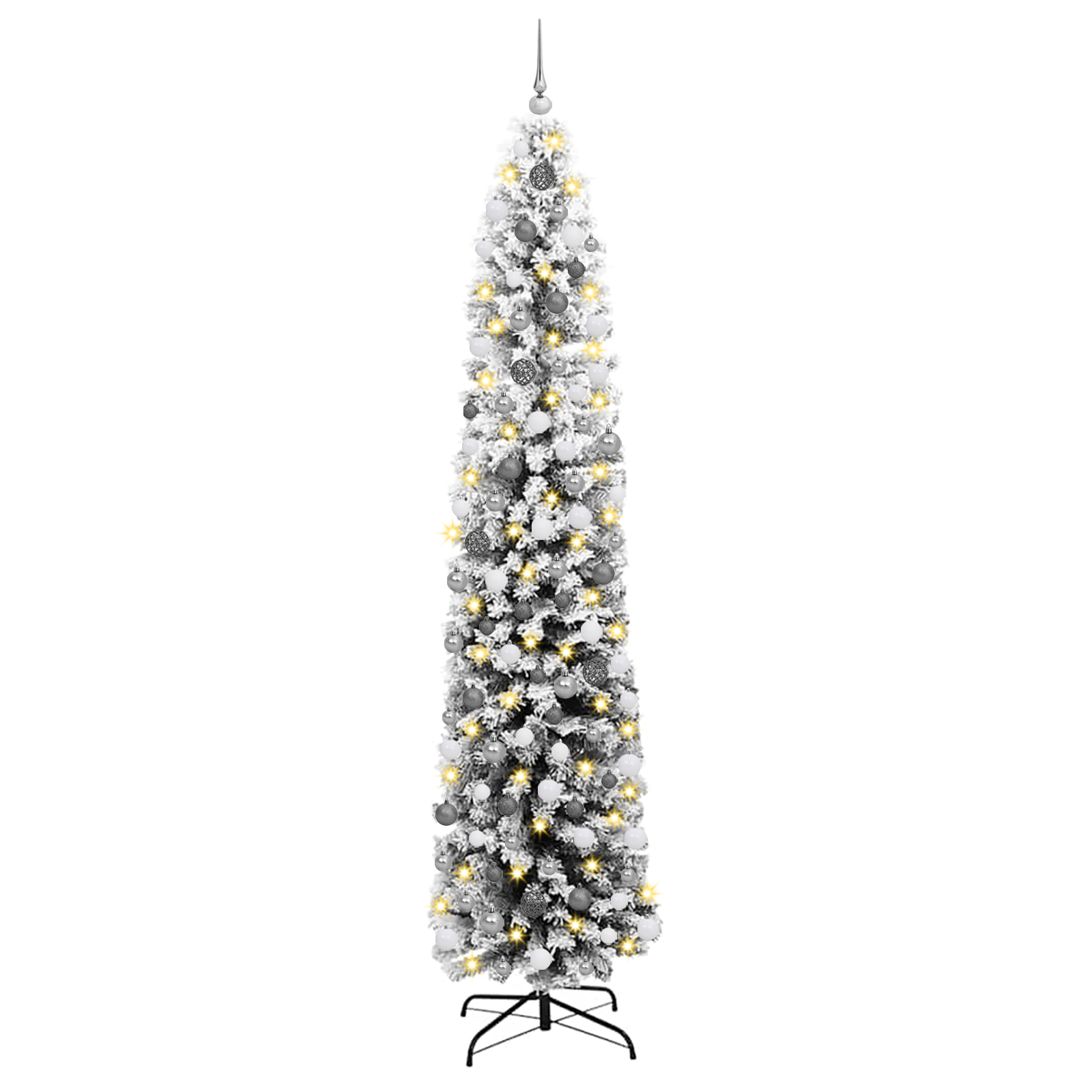 Albero di Natale sottile con 300 LED & Set di palline & Neve imbiancata Verde 240 cm