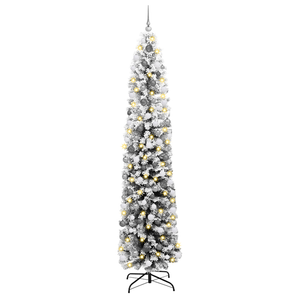 Albero di Natale sottile con 300 LED & Set di palline & Neve imbiancata Verde 240 cm