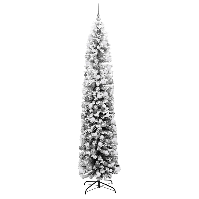 Albero di Natale sottile con 300 LED & Set di palline & Neve imbiancata Verde 240 cm