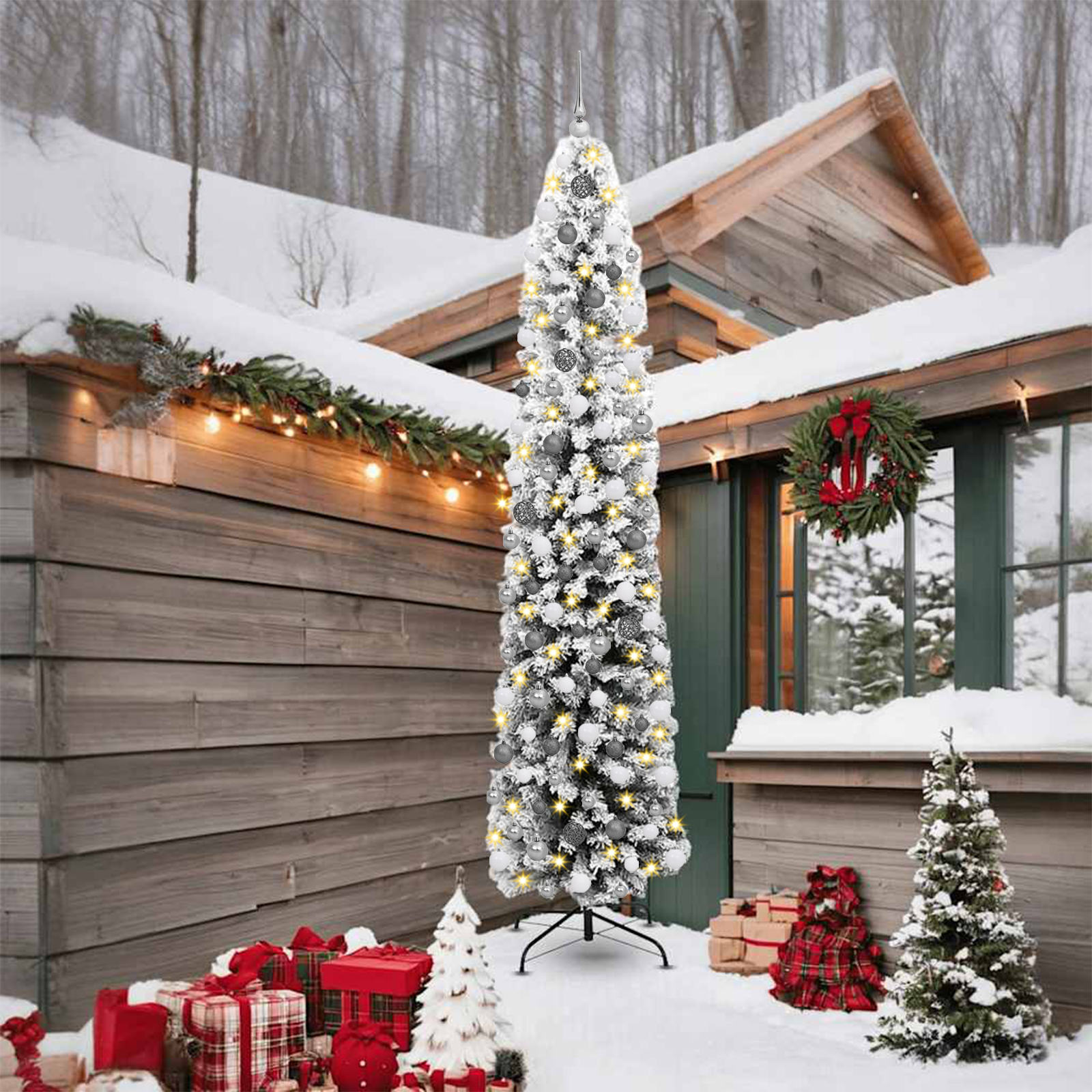 Albero di Natale sottile con 300 LED & Set di palline & Neve imbiancata Verde 240 cm