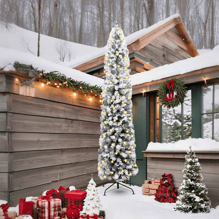 Albero di Natale sottile con 300 LED & Set di palline & Neve imbiancata Verde 240 cm