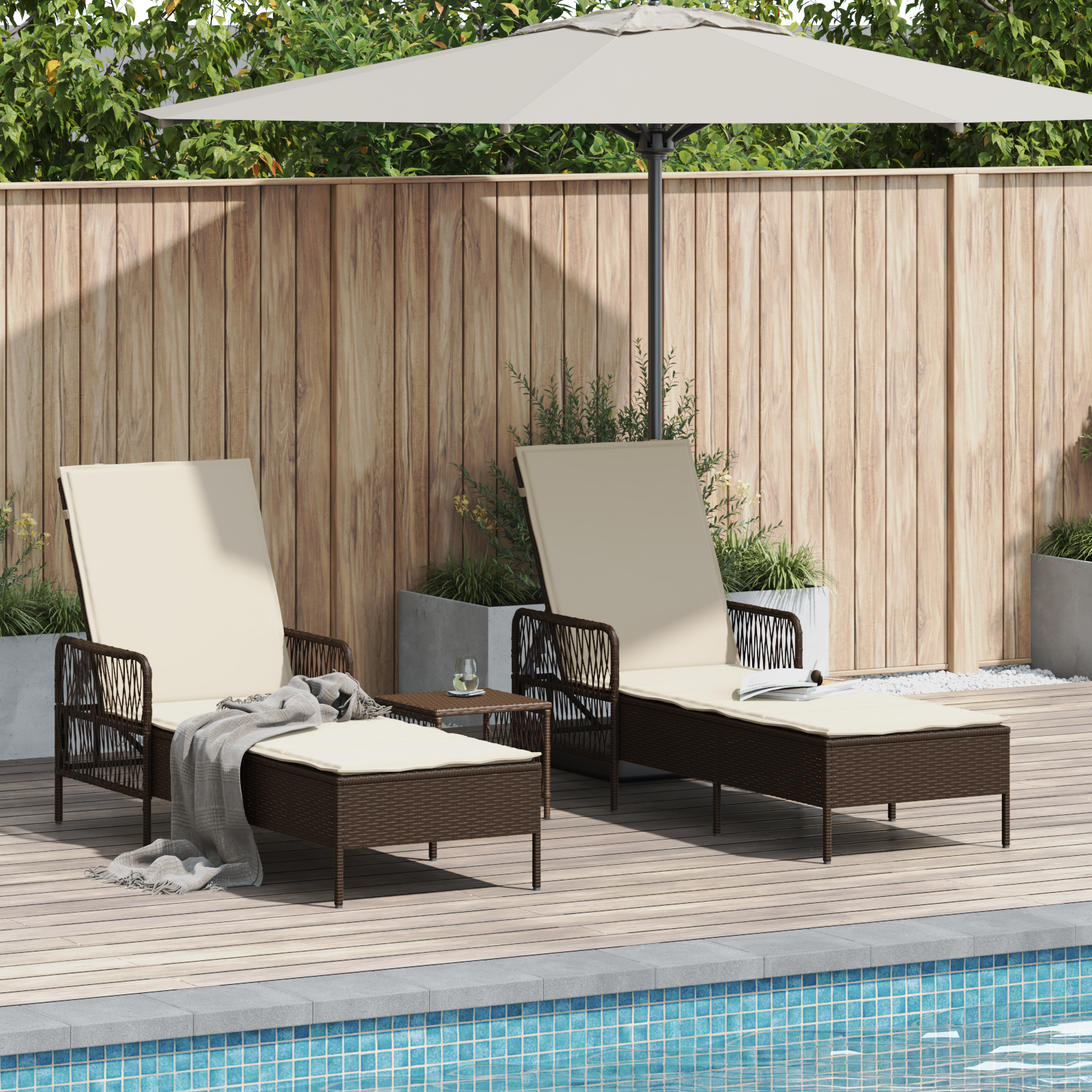 Set Lettino Prendisole Set di 3 Marrone e panna Polyrattan, metallo