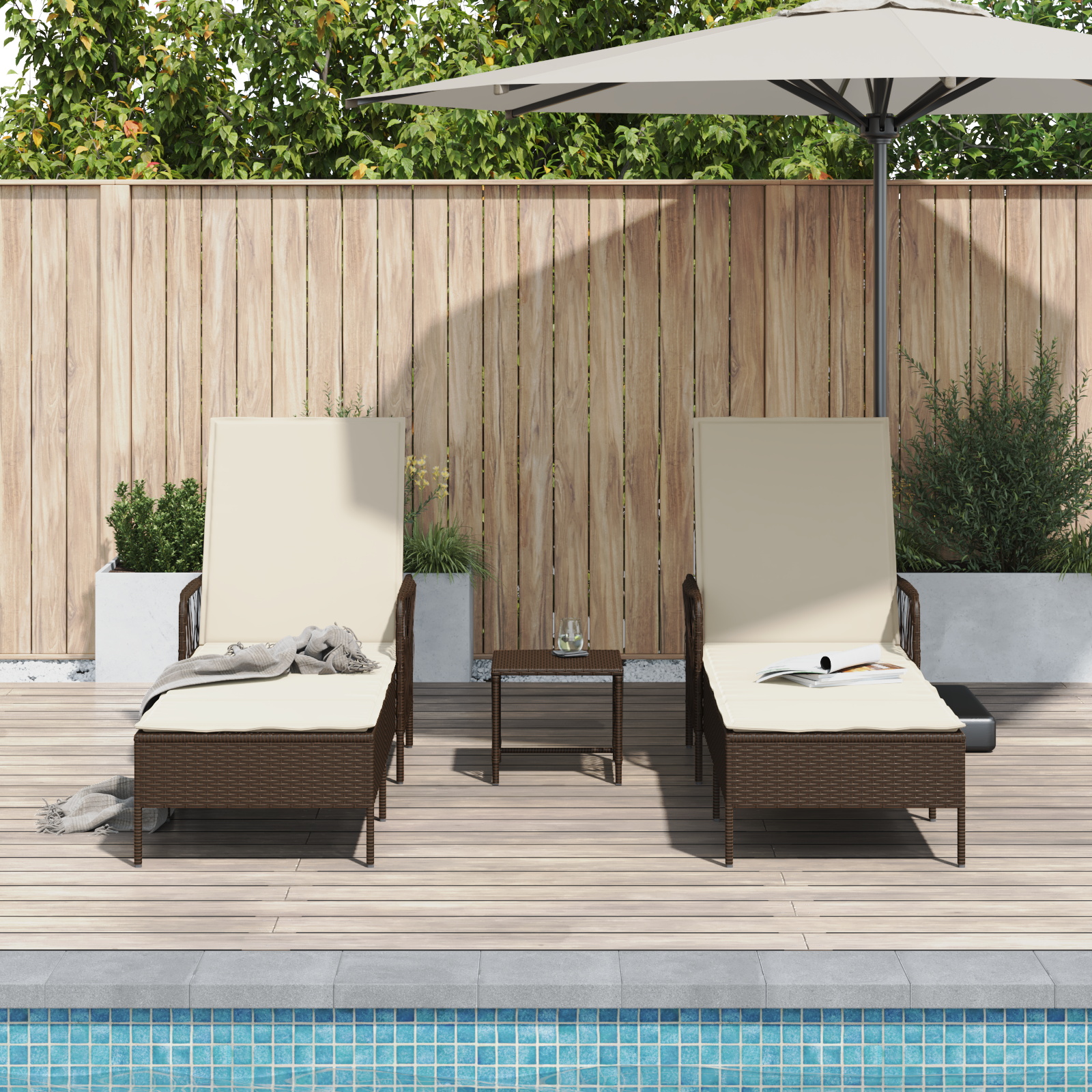 Set Lettino Prendisole Set di 3 Marrone e panna Polyrattan, metallo